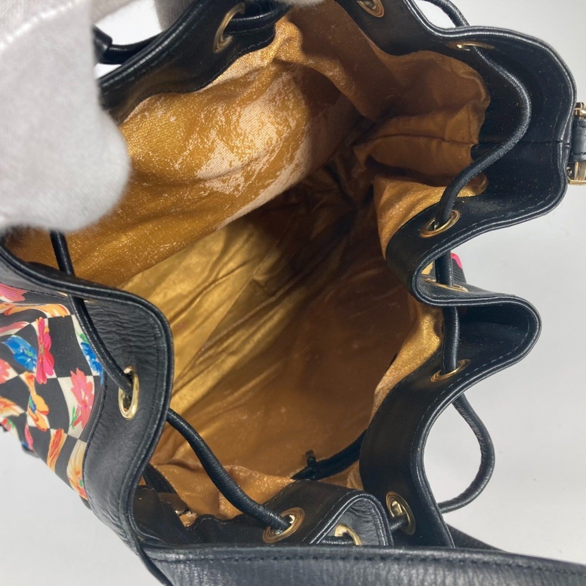 Versace Floral Chain Bucket Drawstring Shoulder Bag in PVC and Leather, Multicolor