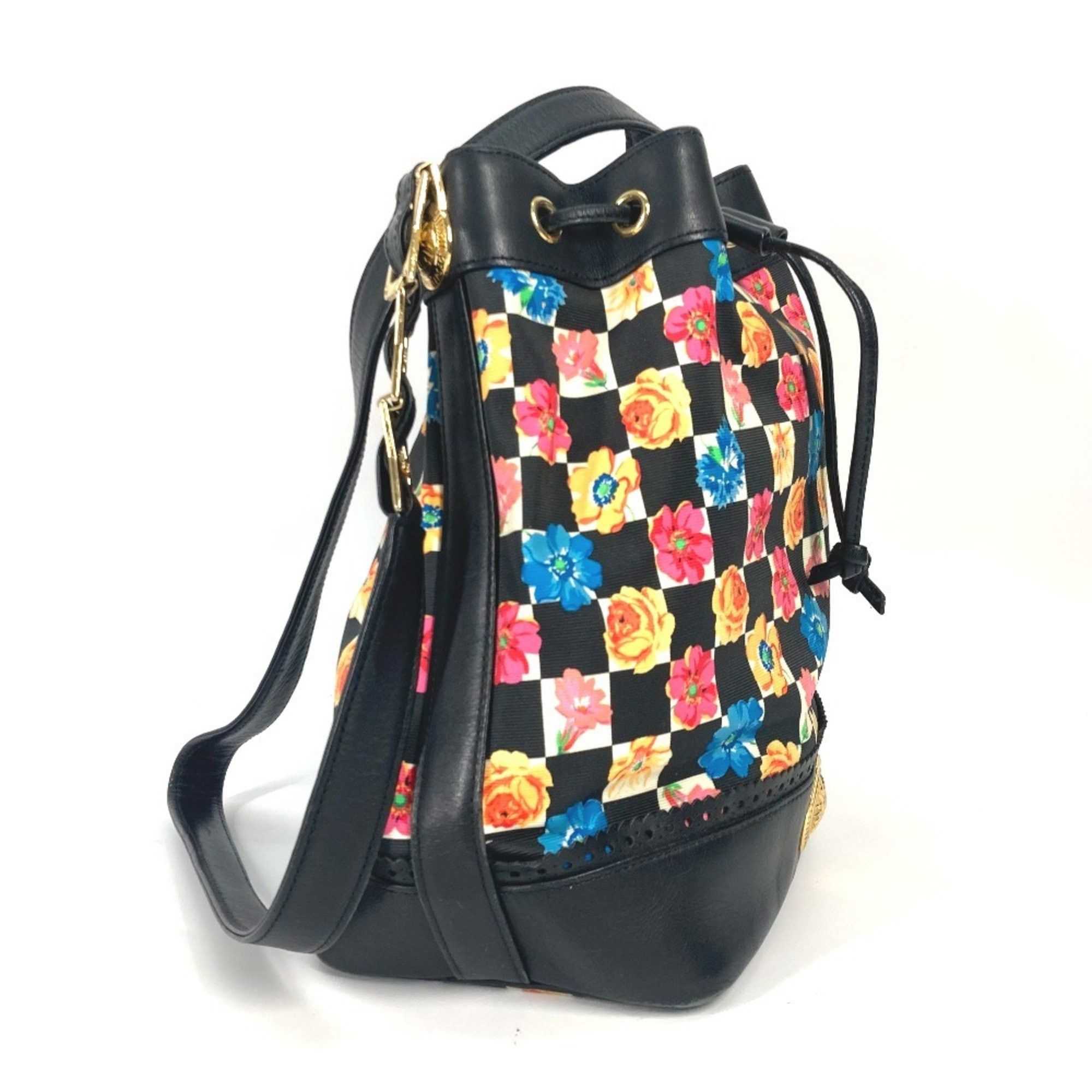 Versace Floral Chain Bucket Drawstring Shoulder Bag in PVC and Leather, Multicolor
