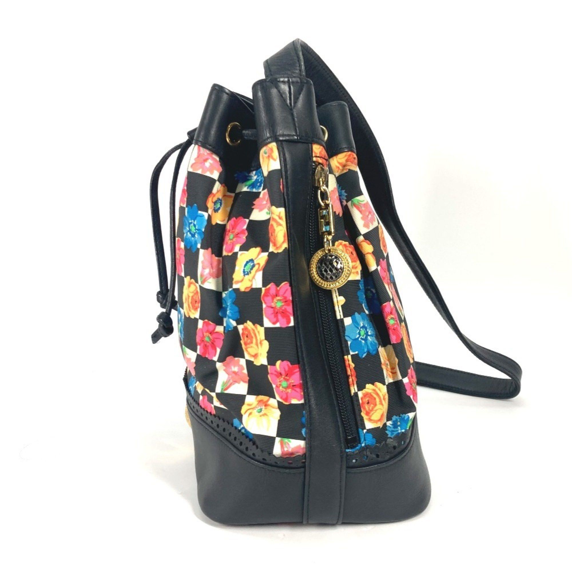Versace Floral Chain Bucket Drawstring Shoulder Bag in PVC and Leather, Multicolor