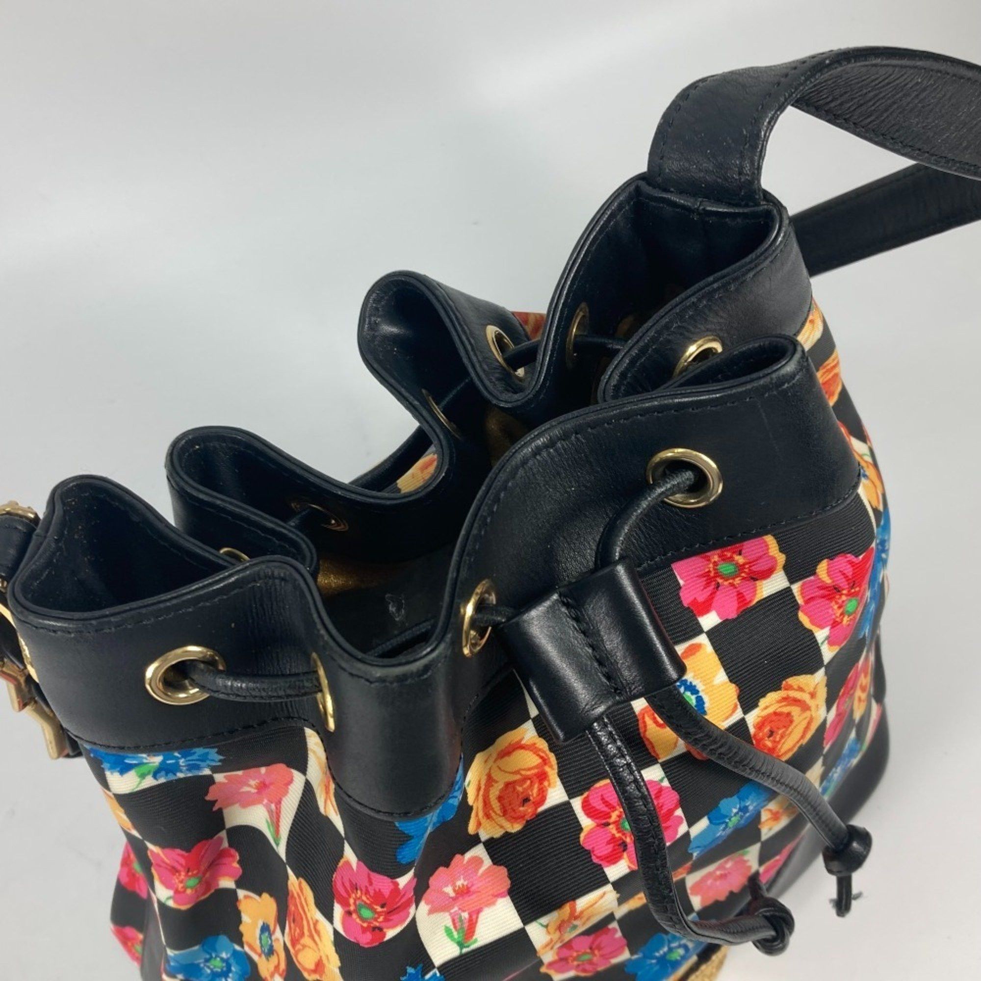 Versace Floral Chain Bucket Drawstring Shoulder Bag in PVC and Leather, Multicolor