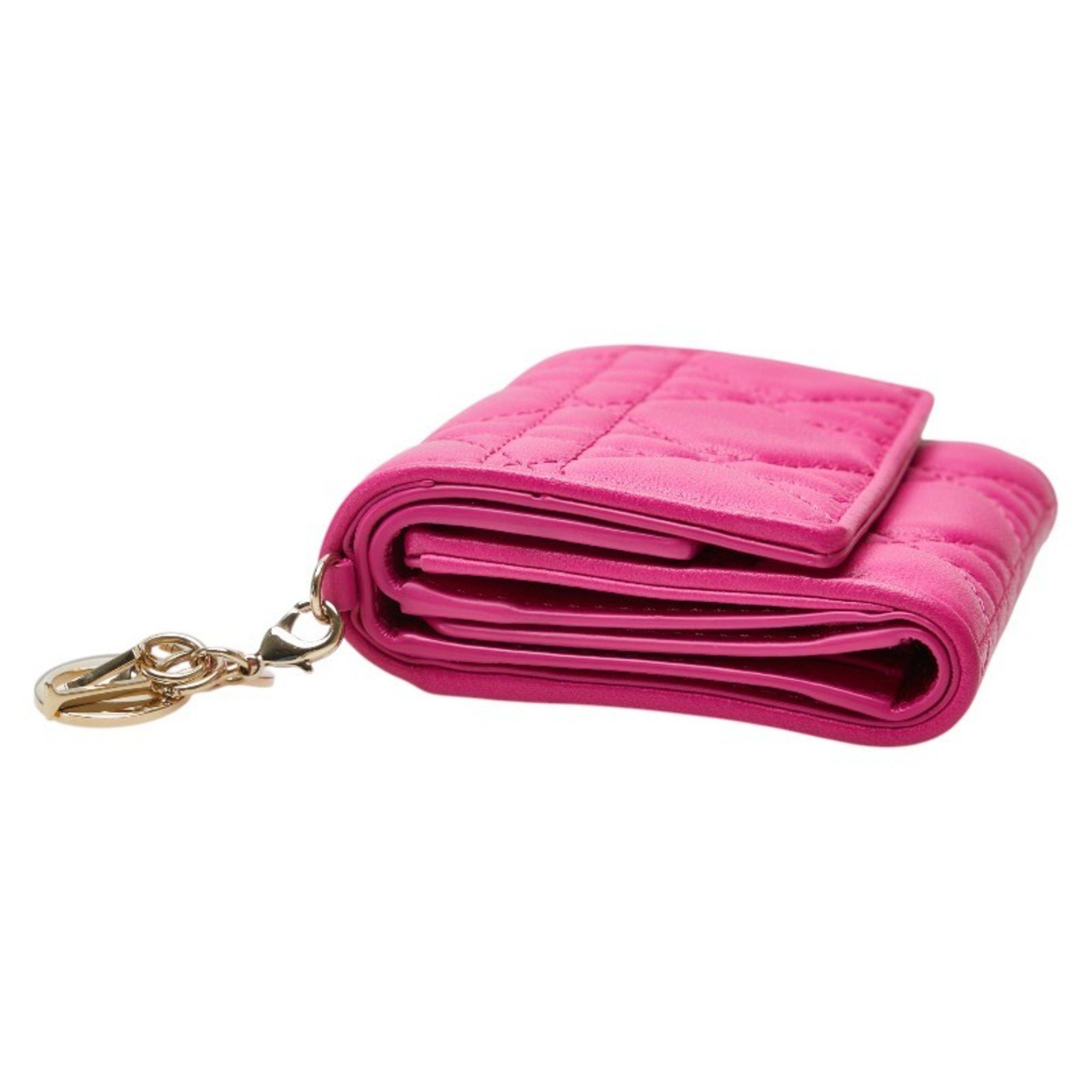 Dior Christian Dior Dior Cannage Lady Lotus Wallet Tri-fold in Shocking Pink Leather for Women Size ONE SIZE - 4 Thumbnail
