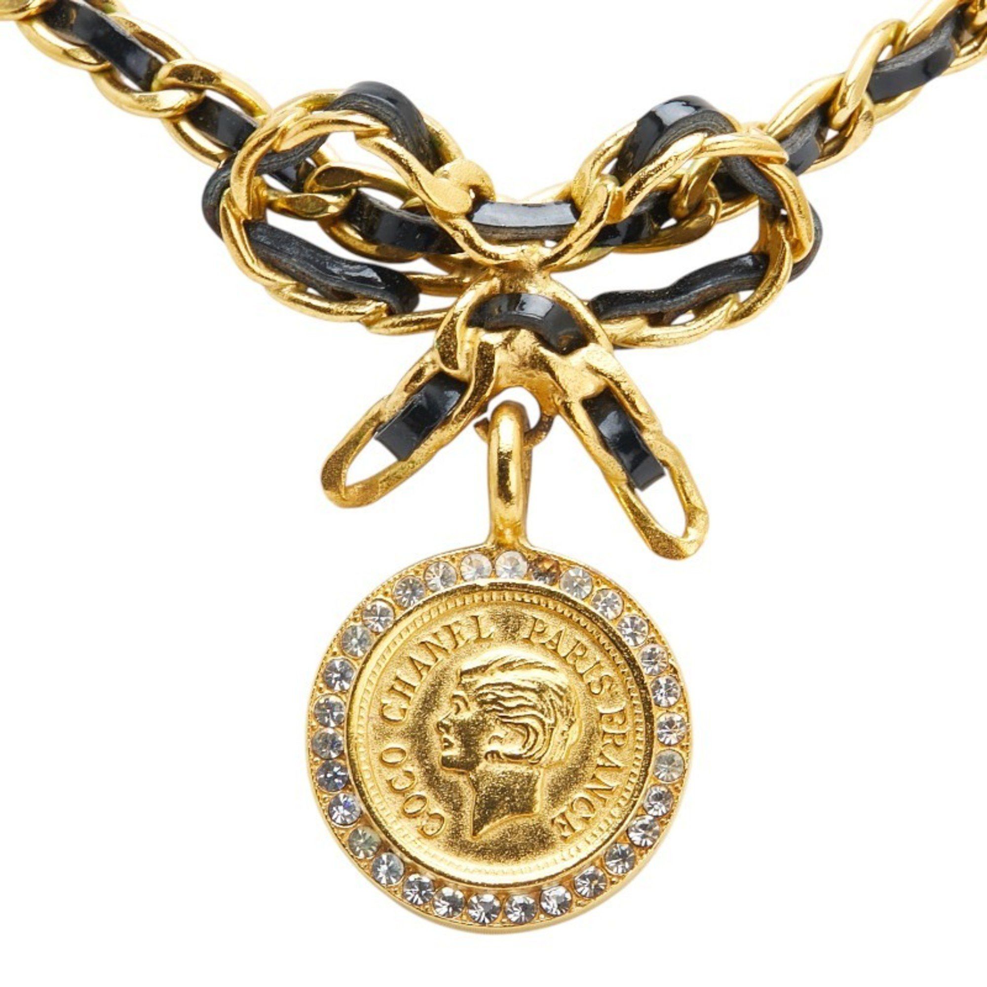 Chanel Vintage Chanel coin ribbon rhinestone choker necklace, gold plated, for women. Size ONE SIZE - 2 Thumbnail