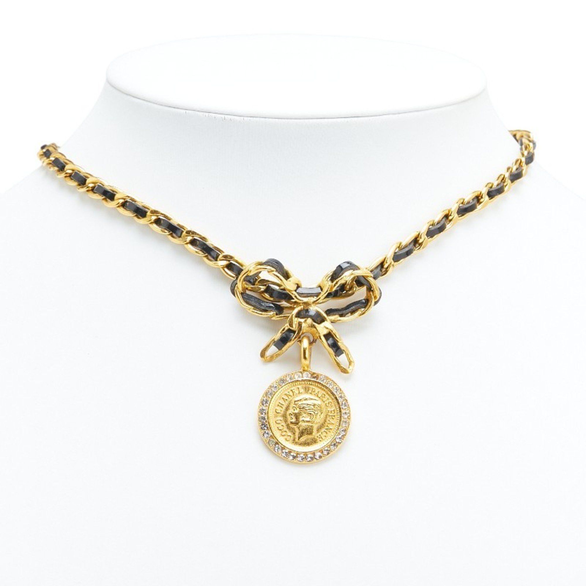 Chanel Vintage Chanel coin ribbon rhinestone choker necklace, gold plated, for women. Size ONE SIZE - 8 Thumbnail