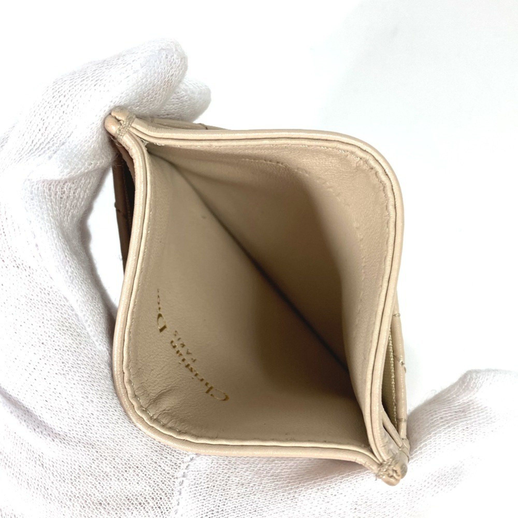 Christian Dior Dior Cannage CARO Business Card Case, Pass Leather, Women's, Beige