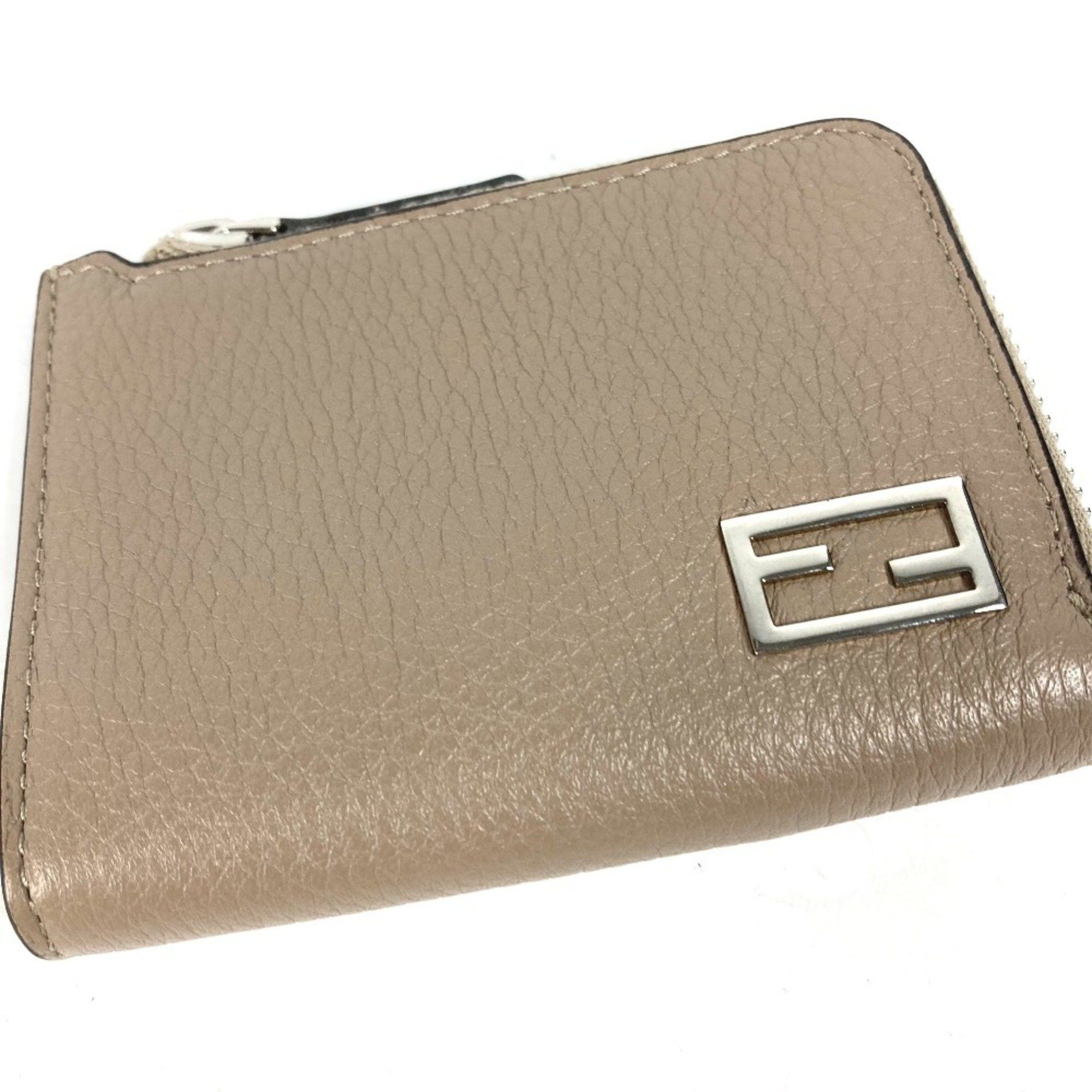 FENDI 7M0330 Fragment Case Wallet, Logo L-Shaped Zipper Coin Purse, Leather, Men's, Beige