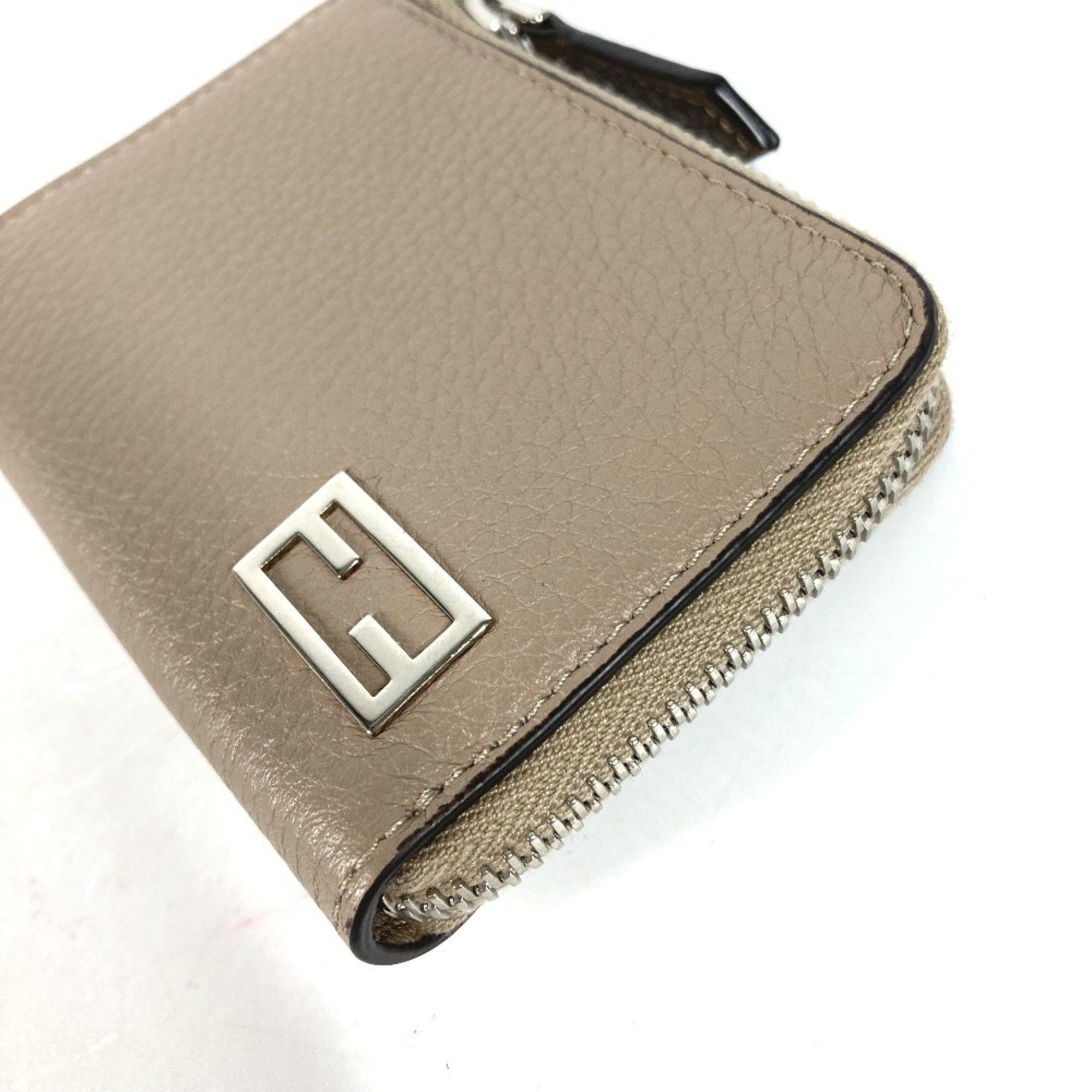 FENDI 7M0330 Fragment Case Wallet, Logo L-Shaped Zipper Coin Purse, Leather, Men's, Beige