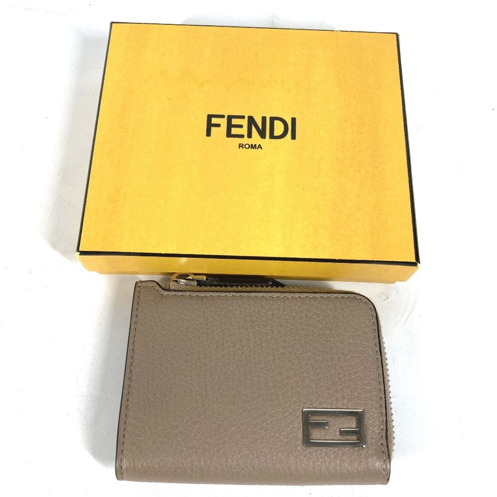 FENDI 7M0330 Fragment Case Wallet, Logo L-Shaped Zipper Coin Purse, Leather, Men's, Beige