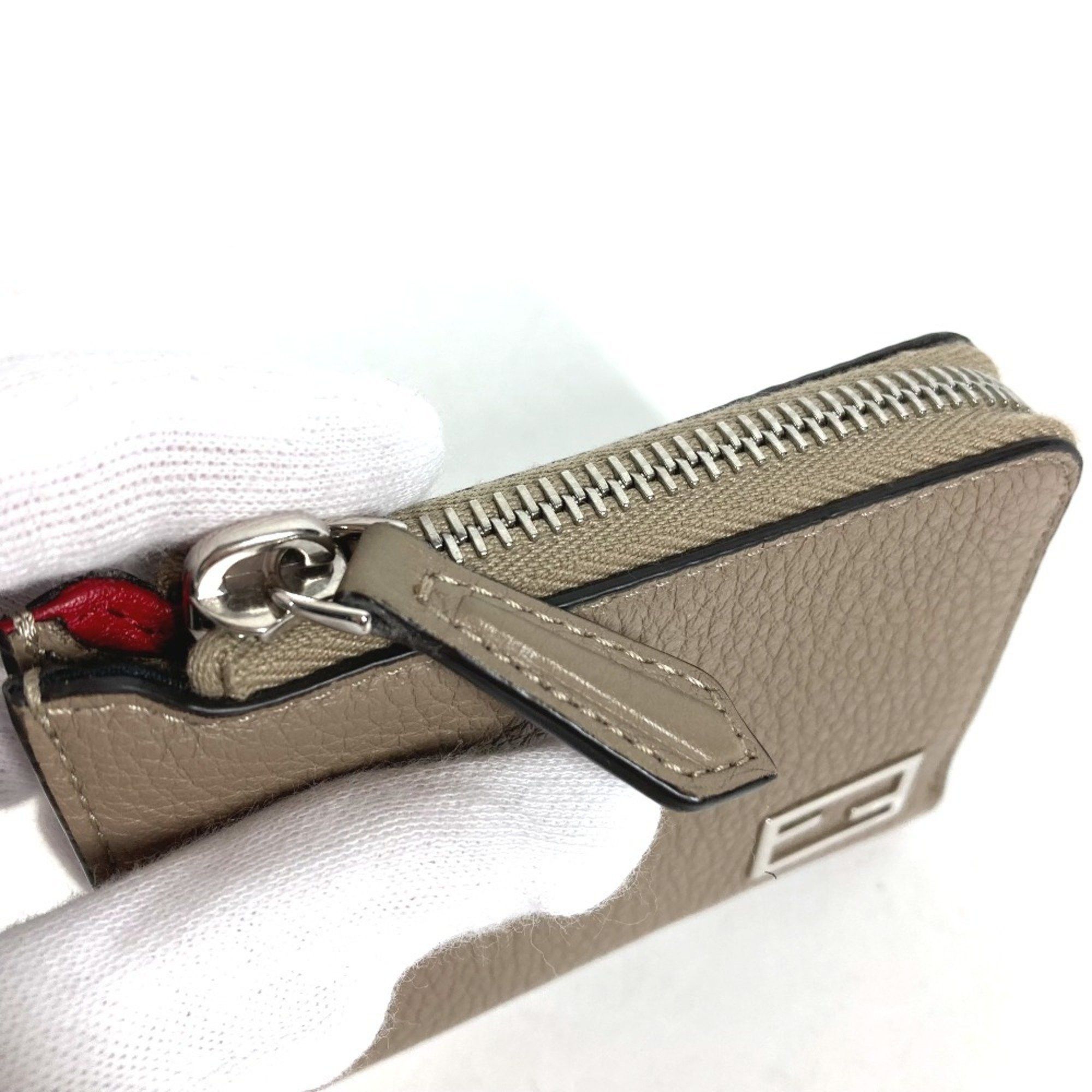 FENDI 7M0330 Fragment Case Wallet, Logo L-Shaped Zipper Coin Purse, Leather, Men's, Beige