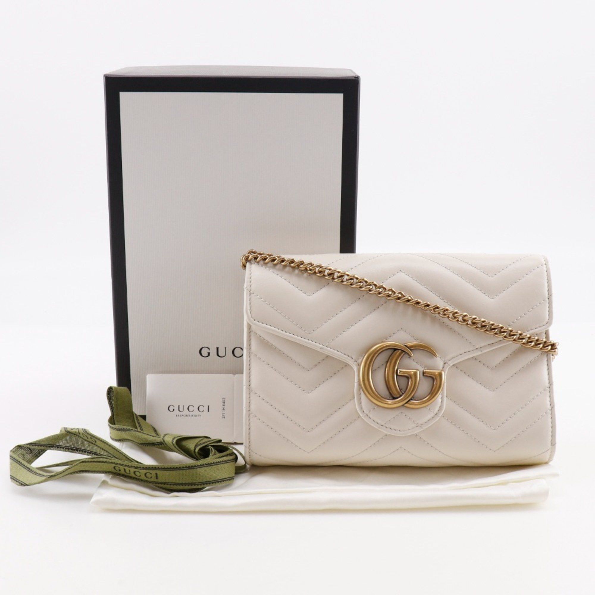 Gucci Gucci GG Marmont Chain Wallet/Clutch, White Calfskin, Snap Buttons, 474575, Women's Size ONE SIZE - 16 Thumbnail