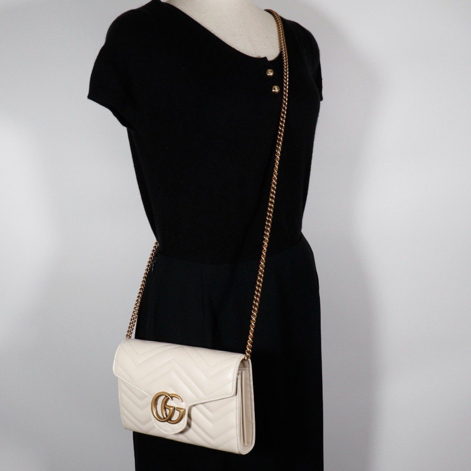 Gucci Gucci GG Marmont Chain Wallet/Clutch, White Calfskin, Snap Buttons, 474575, Women's Size ONE SIZE - 15 Thumbnail