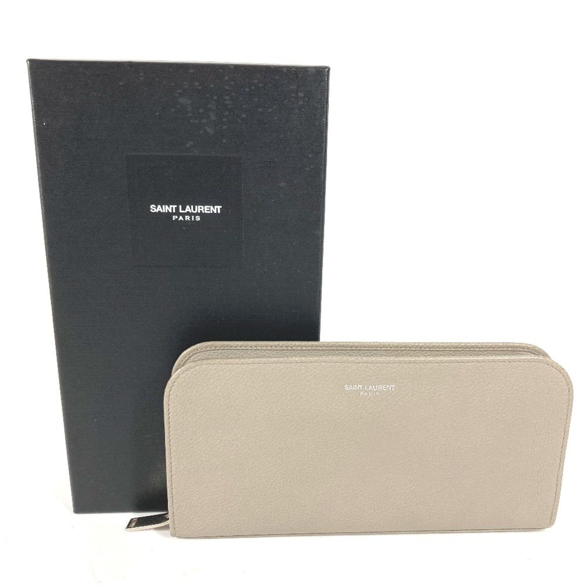 Yves Saint Laurent SAINT LAURENT PARIS 326599 Logo Round Zip Long Wallet Leather Women's Gray