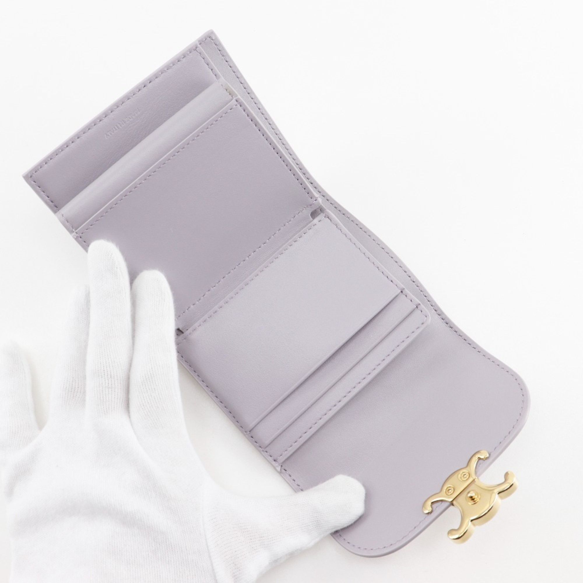 Celine Celine Triomphe Tri-fold Wallet, Small Flap Compact Leather, Purple, Snap Button, Triomphe, Women's Size ONE SIZE - 8 Thumbnail