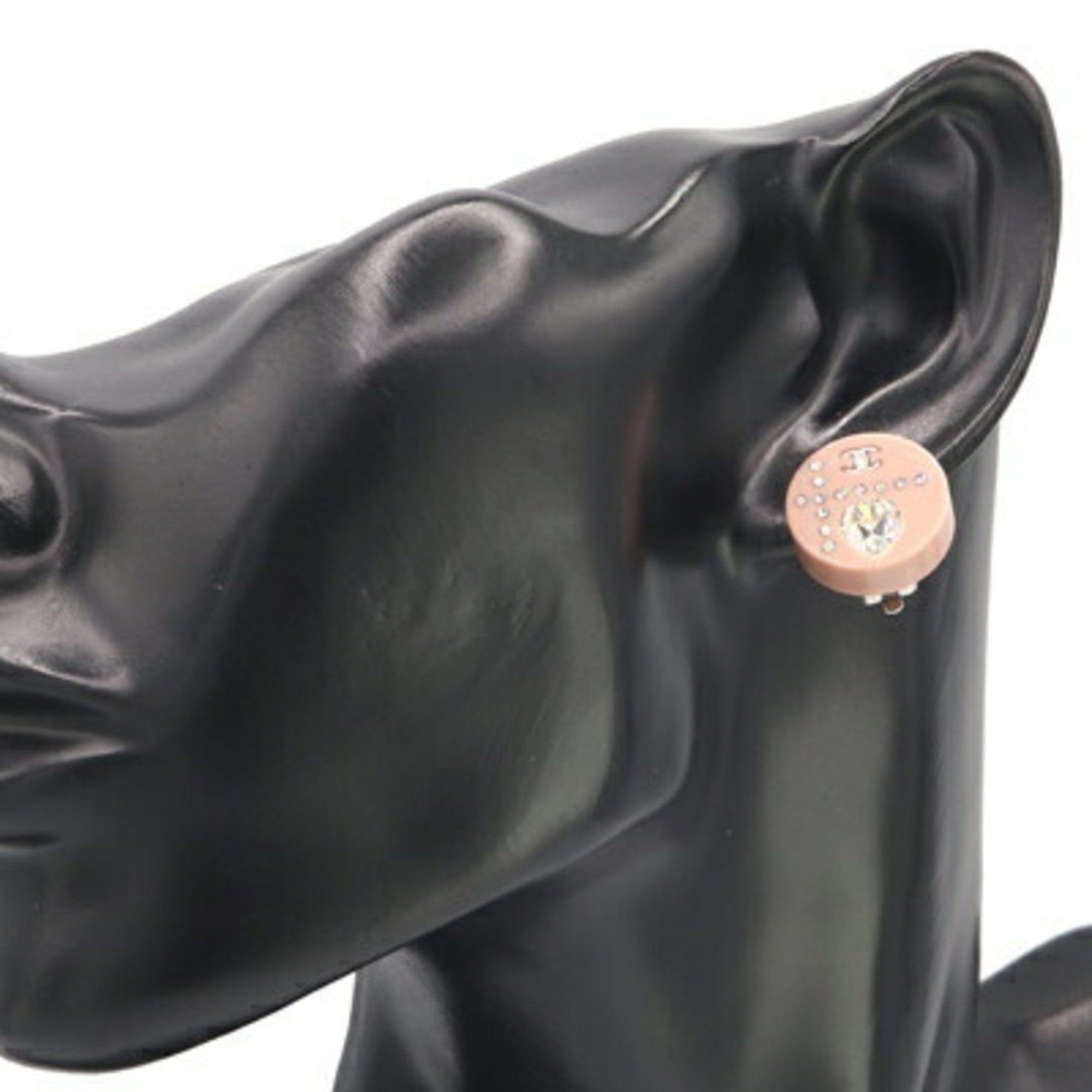 Chanel Coco Mark Heart Round Earrings, Pink Plastic with Rhinestones, 04A, 2004 Model, Mark, Women's, CHANEL