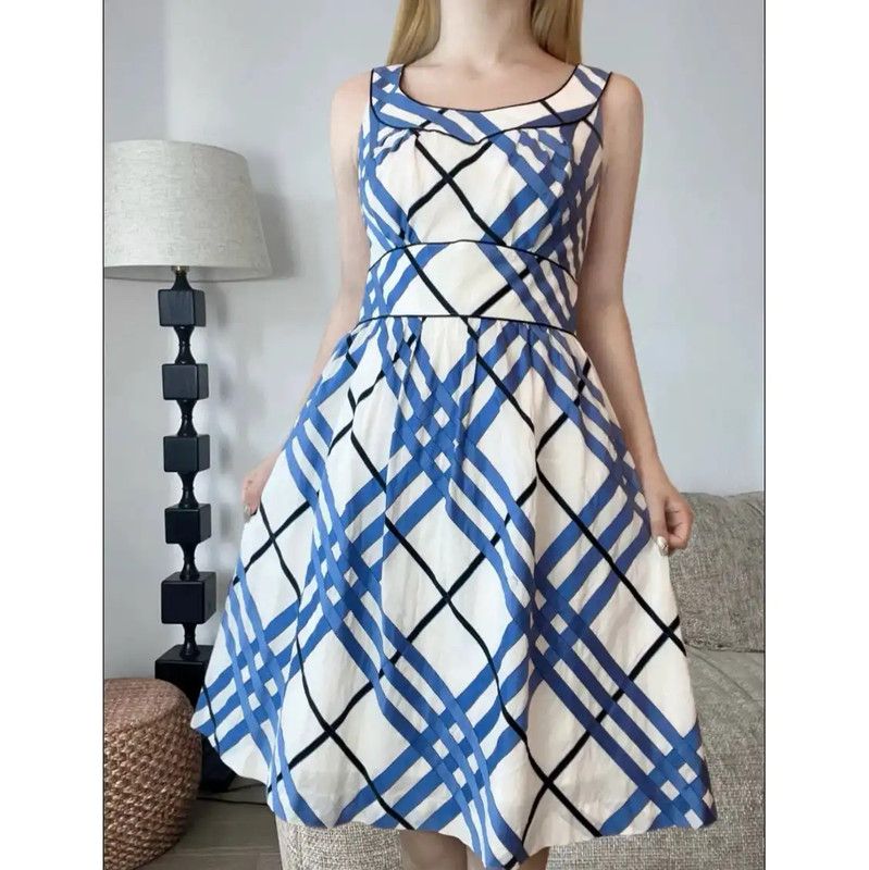 Burberry Burberry Women's White Cotton Dress with Blue Checks Size S / US 4 / IT 40 - 2 Thumbnail