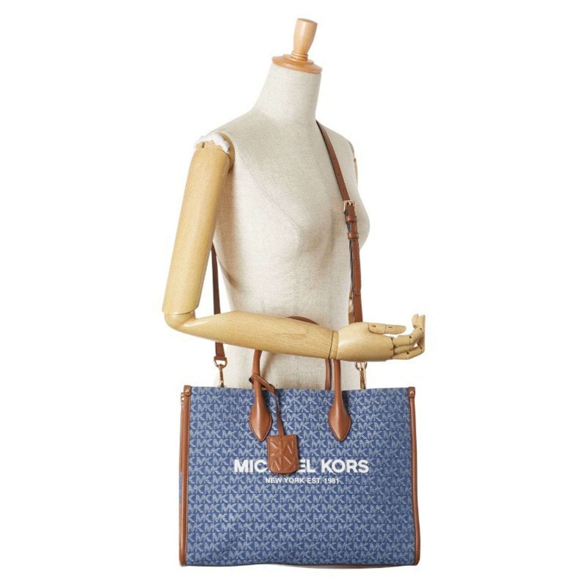 Michael Kors Michael Kors MK Signature Tote Bag/Shoulder Bag, 2-Way, Blue/Brown Canvas and Leather, Women's Size ONE SIZE - 12 Thumbnail