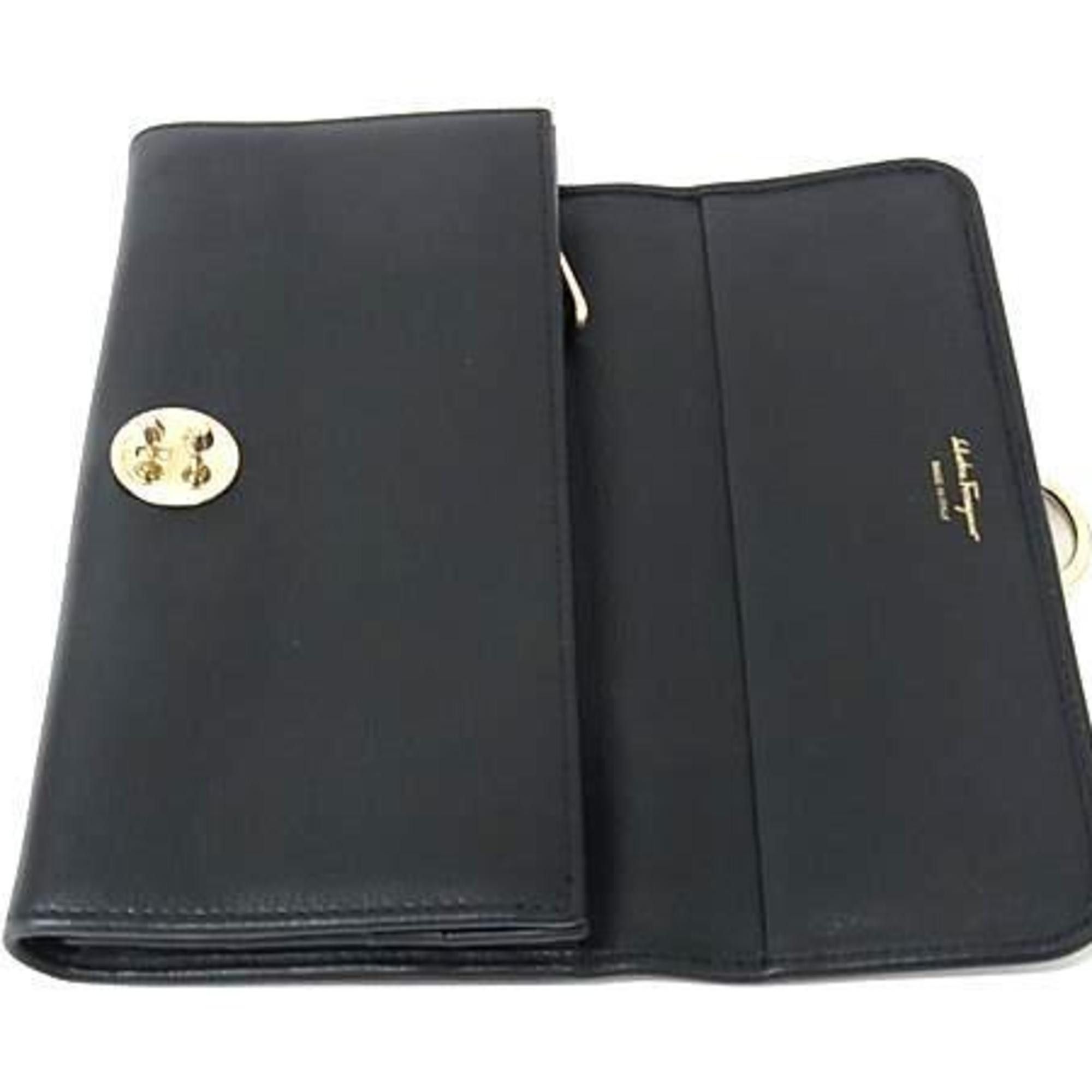 Salvatore Ferragamo Gancini Wallet IY-22D184 Black Leather Women's Tri-fold Long