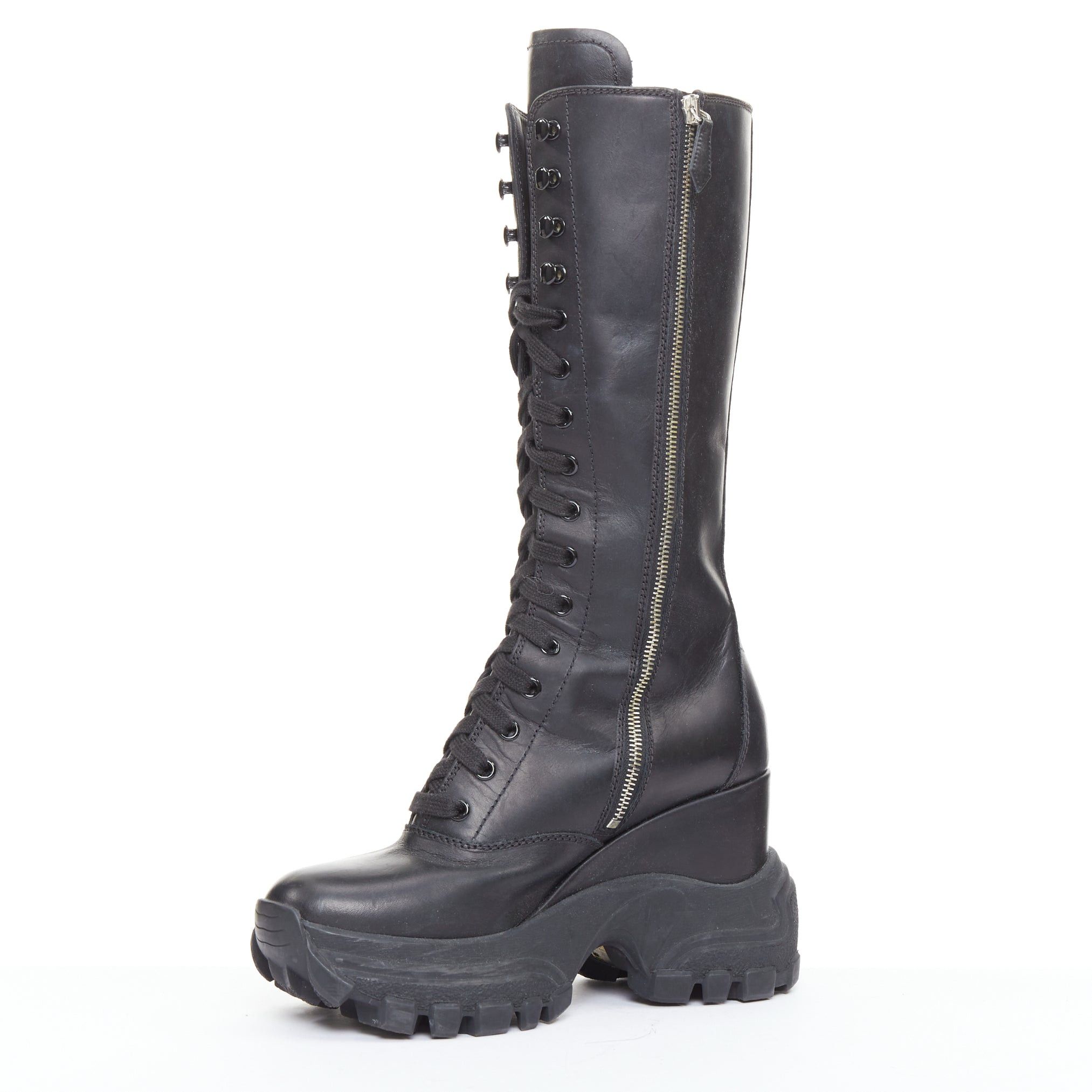 Miu Miu MIU MIU Runway black leather logo lace up chunky wedge tall boots EU39 Size US 9 / IT 39 - 4 Thumbnail