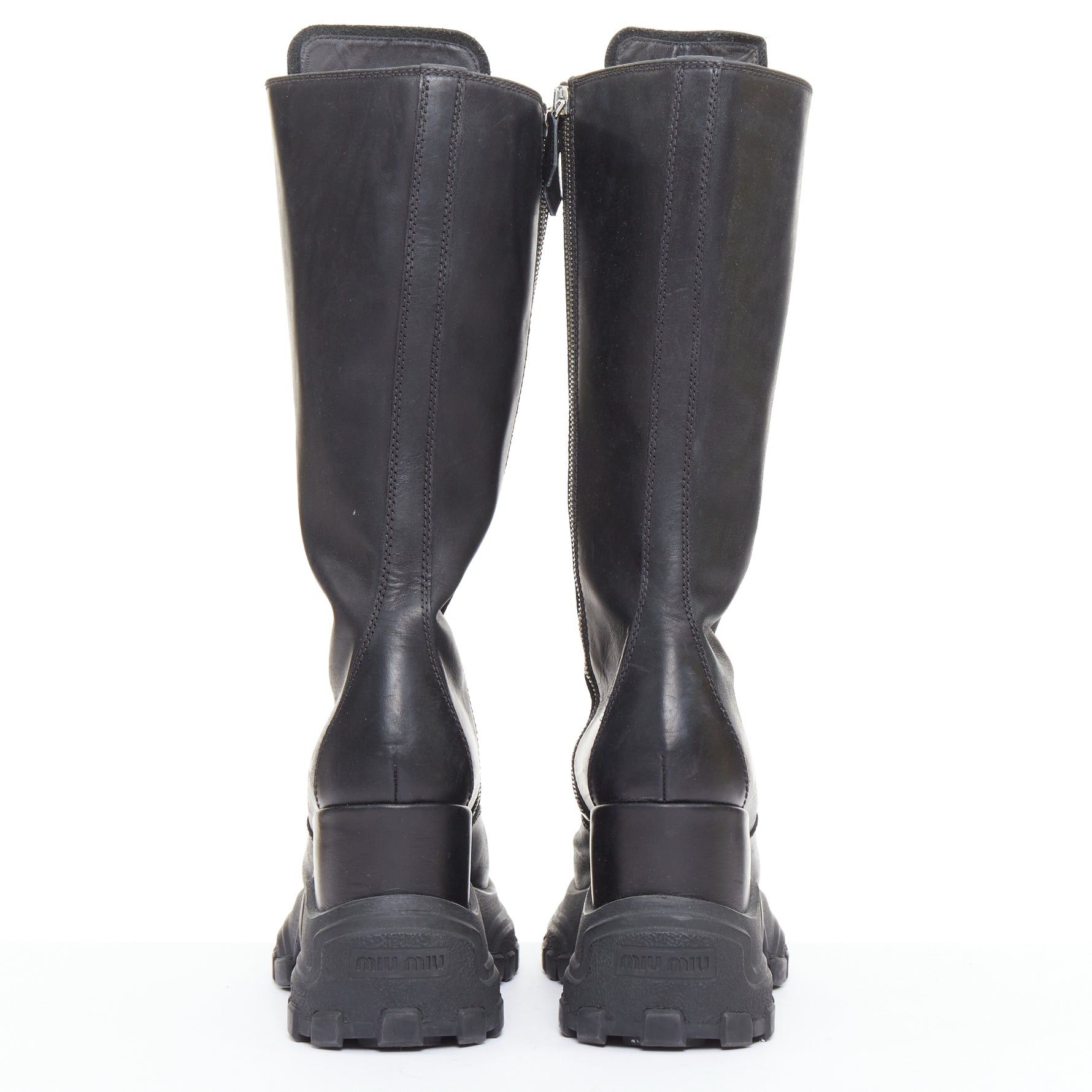 Miu Miu MIU MIU Runway black leather logo lace up chunky wedge tall boots EU39 Size US 9 / IT 39 - 5 Thumbnail