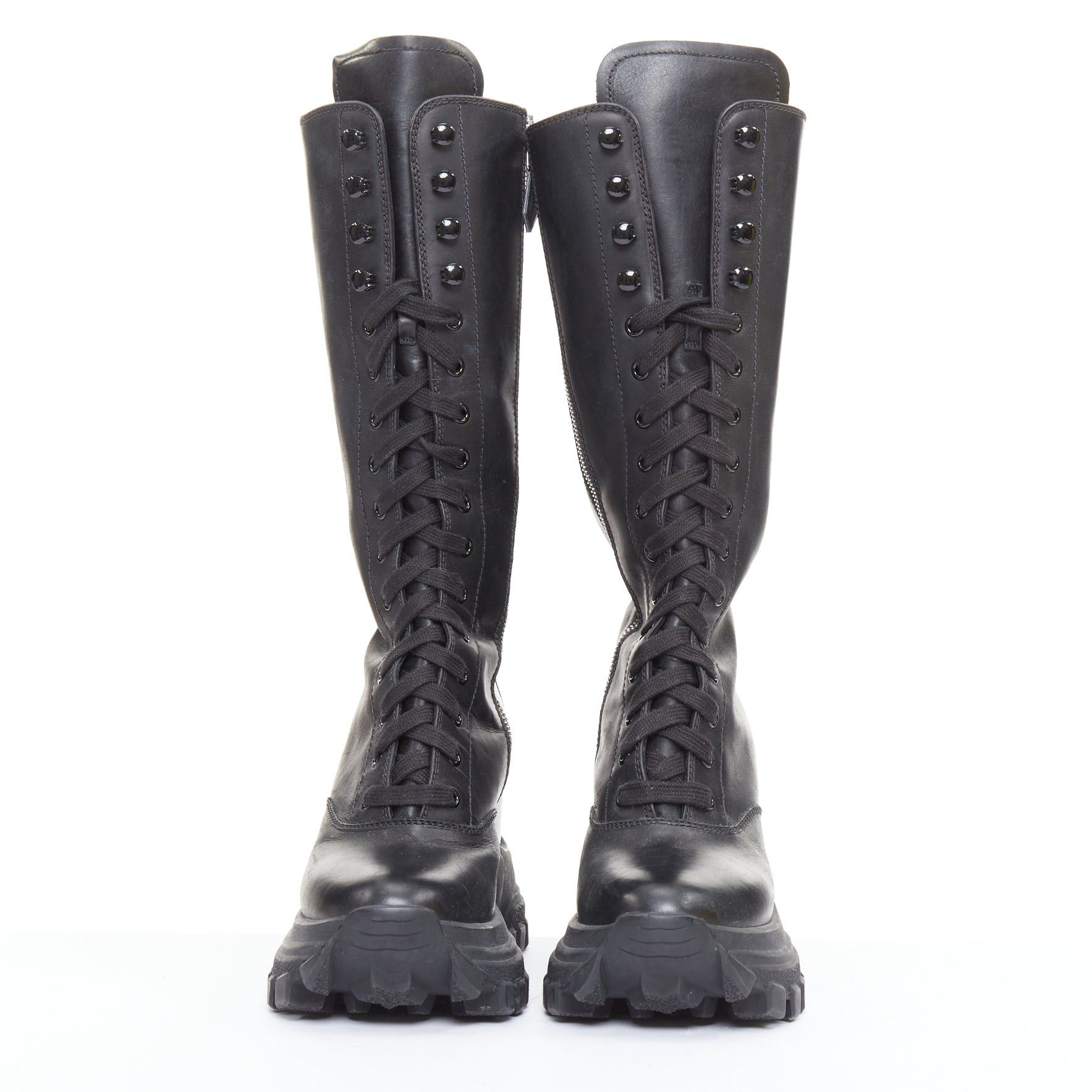 Miu Miu MIU MIU Runway black leather logo lace up chunky wedge tall boots EU39 Size US 9 / IT 39 - 3 Thumbnail