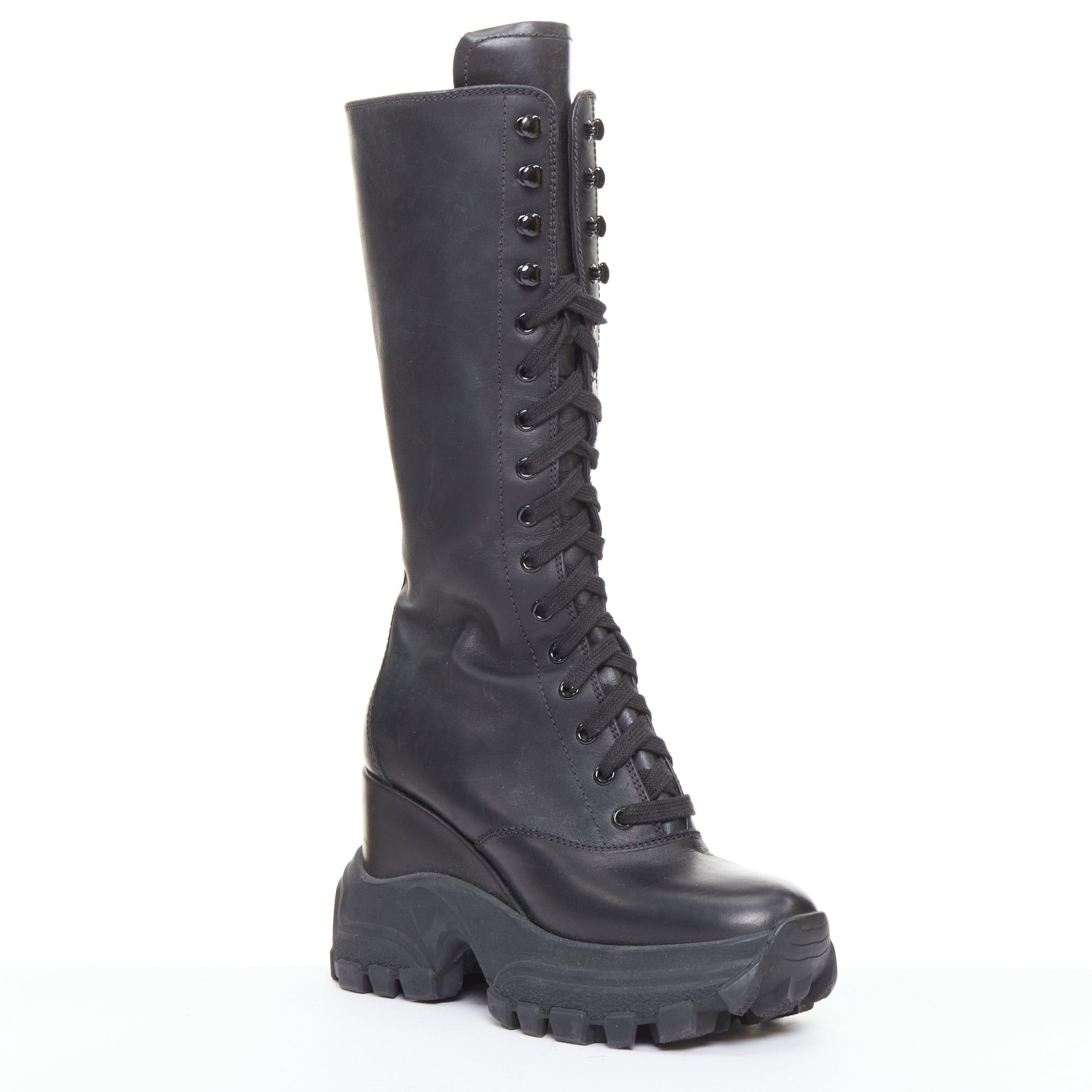 Miu Miu MIU MIU Runway black leather logo lace up chunky wedge tall boots EU39 Size US 9 / IT 39 - 2 Thumbnail