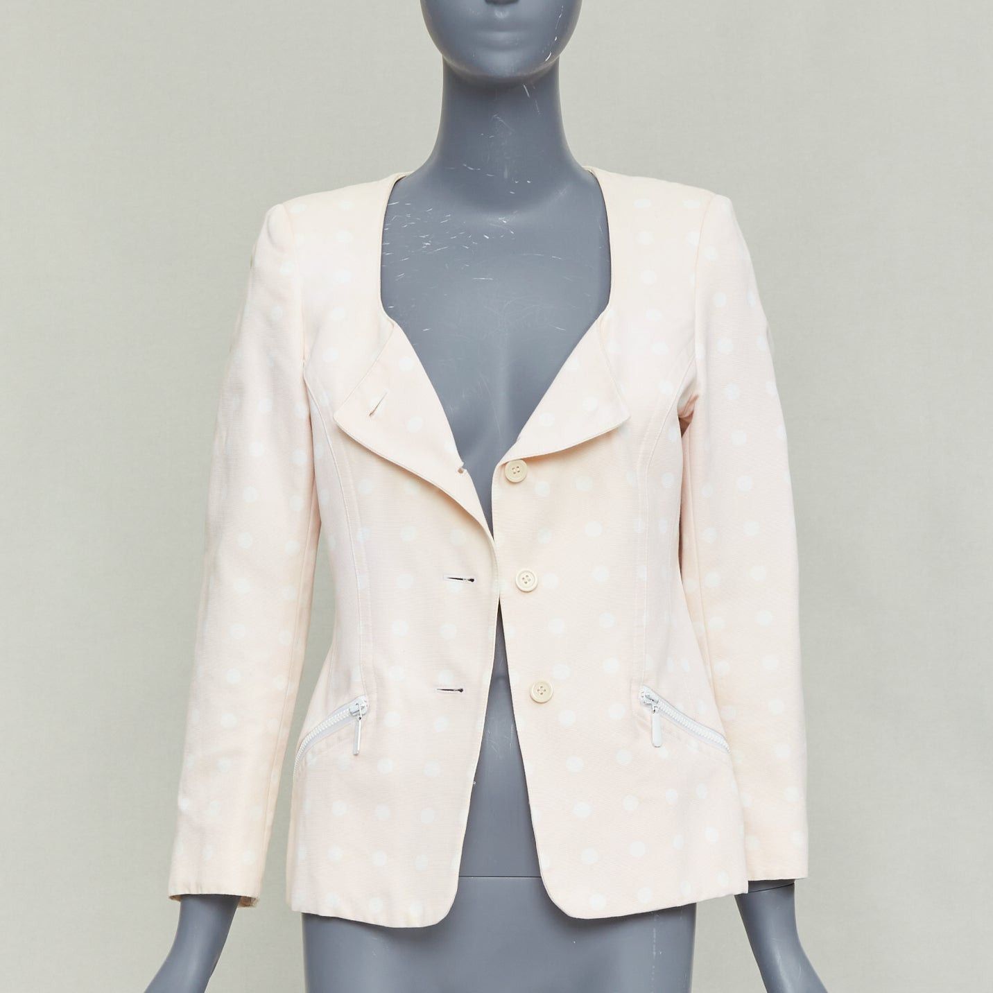 Escada ESCADA Vintage pink cream polka dot cotton power shoulder blazer jacket IT36 XXS Size XS / US 0-2 / IT 36-38 - 3 Thumbnail