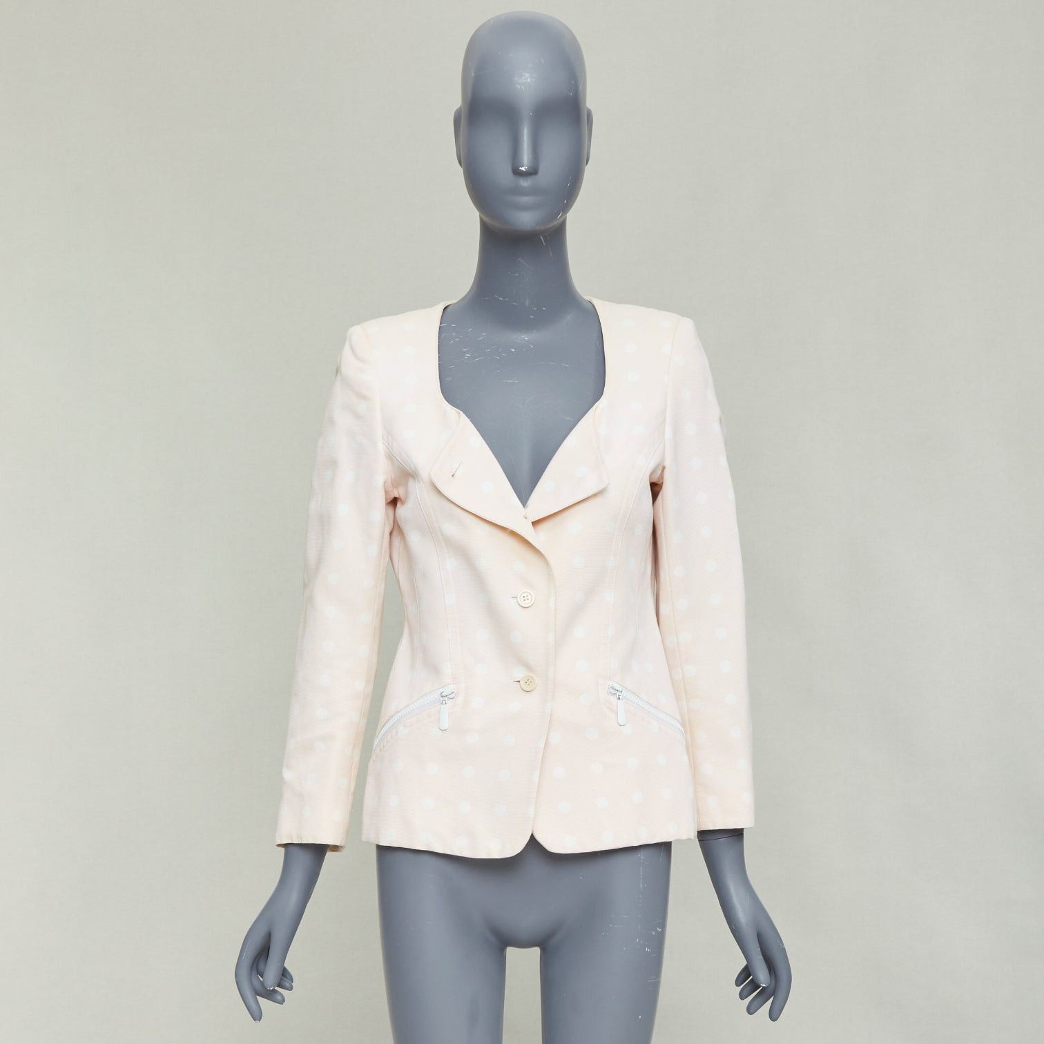 Escada ESCADA Vintage pink cream polka dot cotton power shoulder blazer jacket IT36 XXS Size XS / US 0-2 / IT 36-38 - 11 Thumbnail