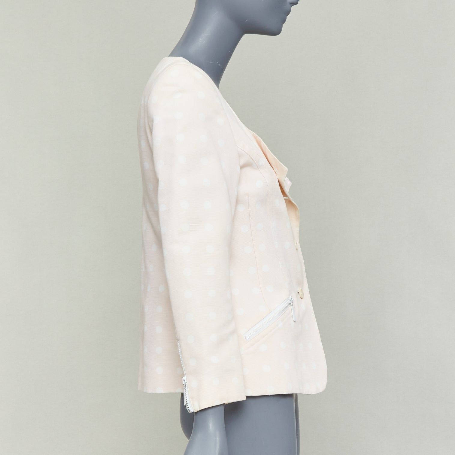 Escada ESCADA Vintage pink cream polka dot cotton power shoulder blazer jacket IT36 XXS Size XS / US 0-2 / IT 36-38 - 5 Thumbnail