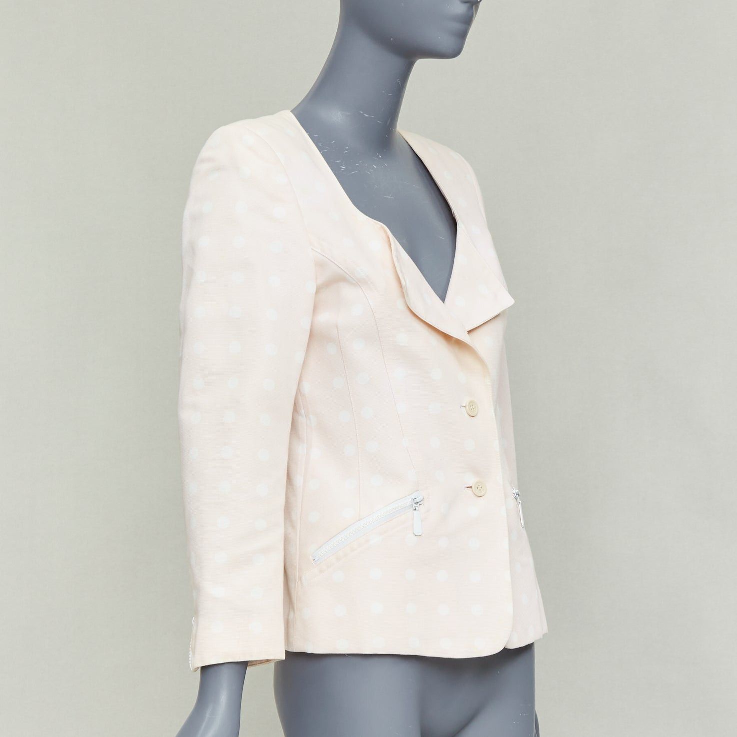 Escada ESCADA Vintage pink cream polka dot cotton power shoulder blazer jacket IT36 XXS Size XS / US 0-2 / IT 36-38 - 4 Thumbnail