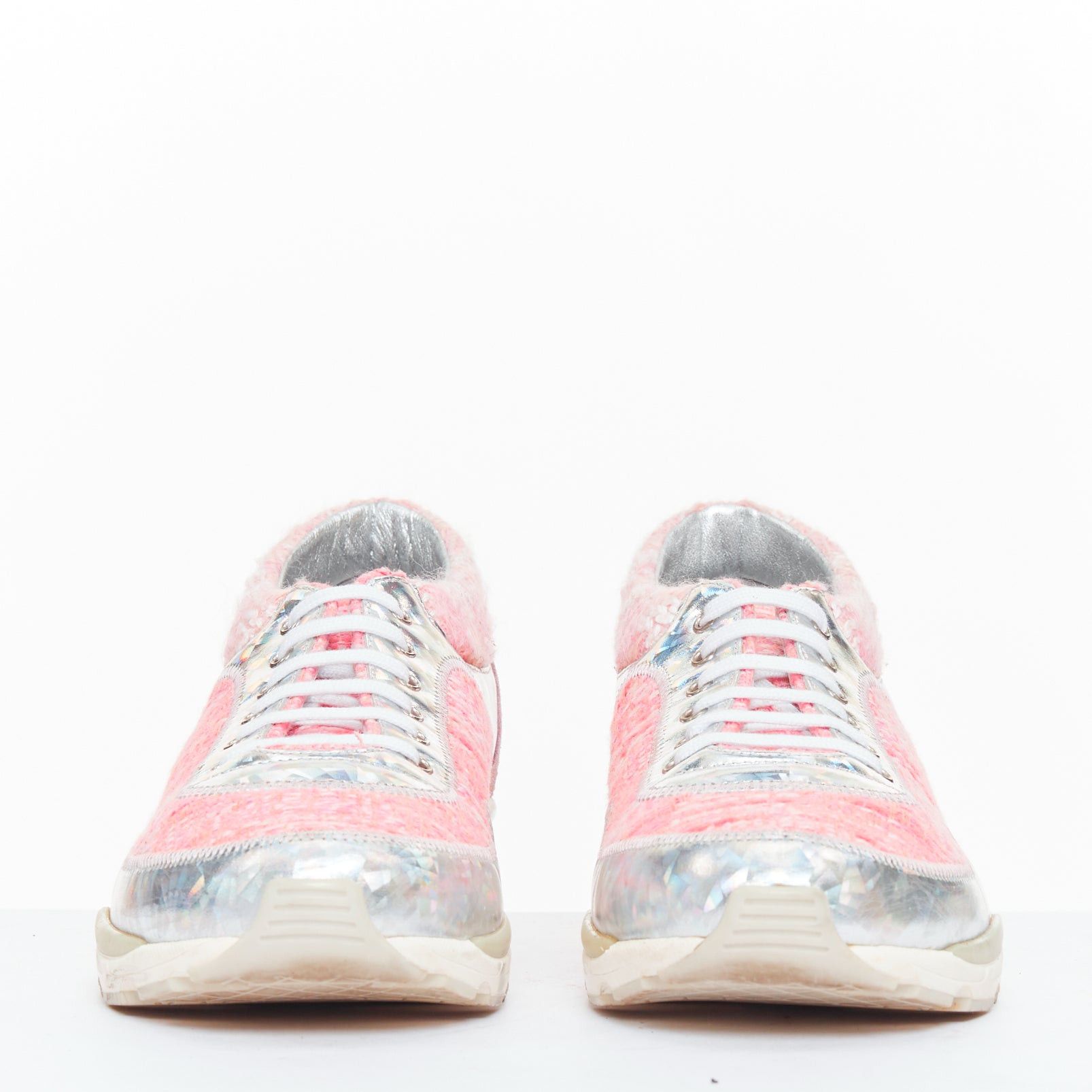 Chanel CHANEL 2014 pink tweed silver holographic silver leather sneakers EU38.5 Size US 8.5 / IT 38.5 - 3 Thumbnail