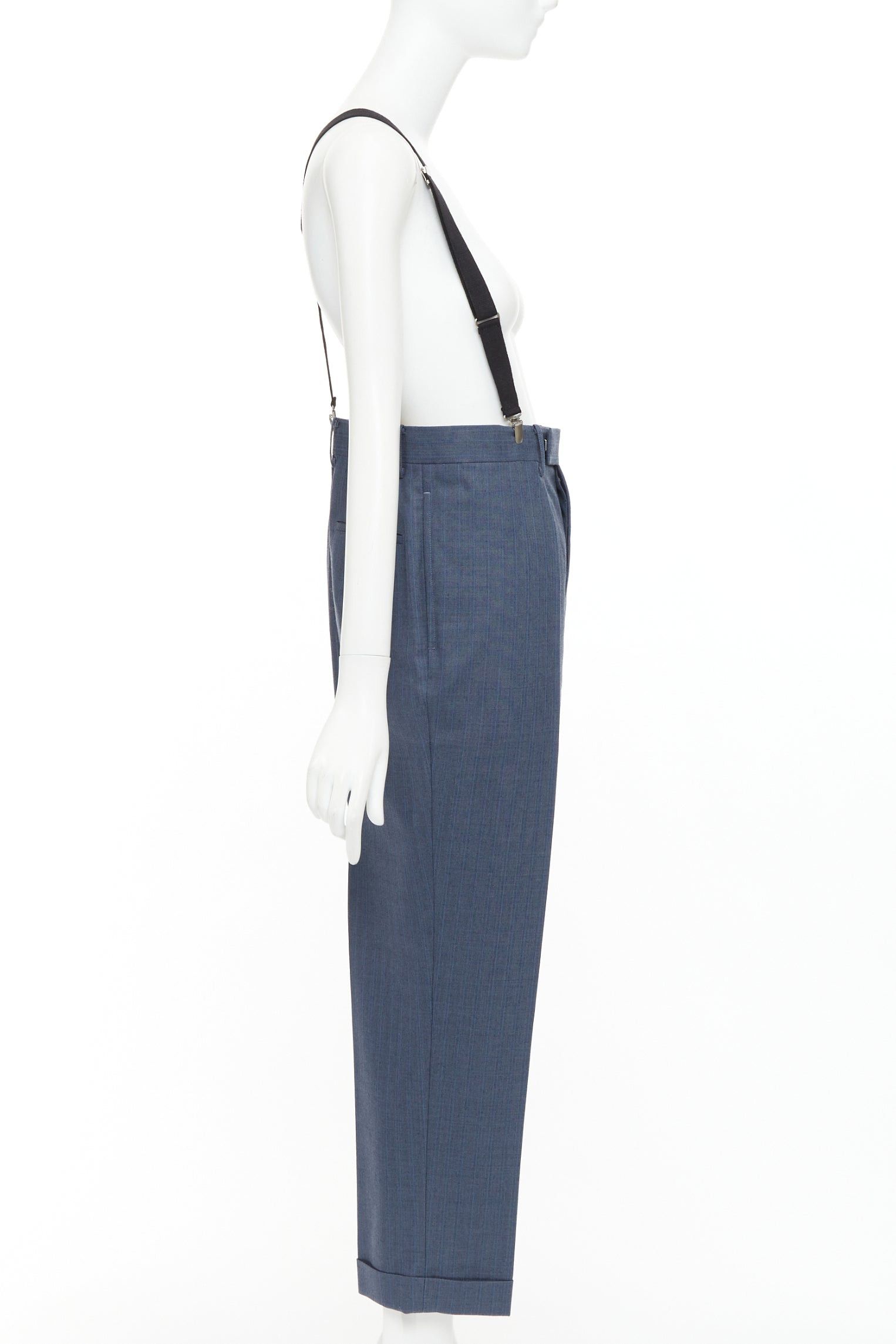 Junya Watanabe JUNYA WATANABE 2012 blue wool pinstripe black suspender high waisted harem pants M Size 28" / US 6 / IT 42 - 4 Thumbnail