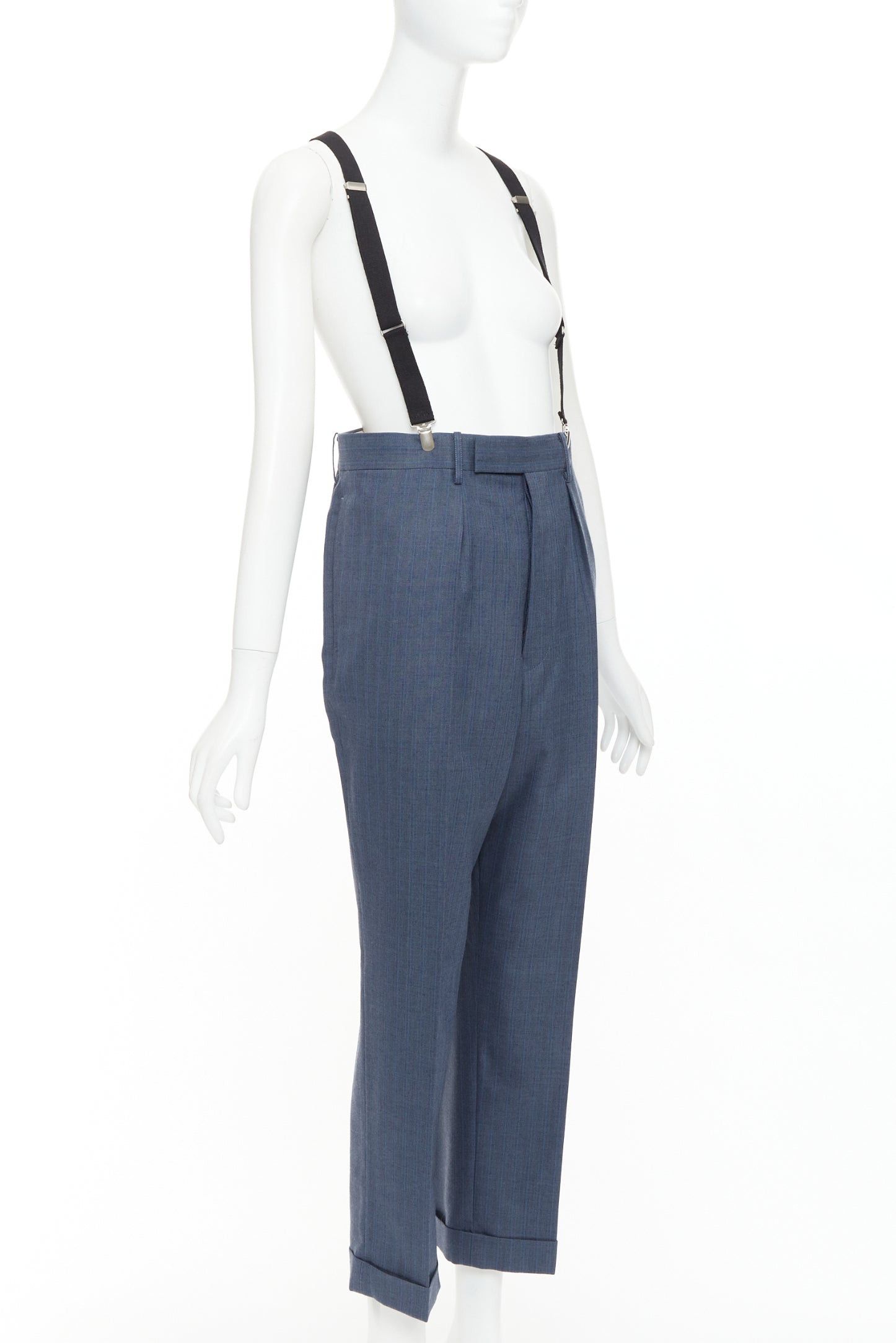 Junya Watanabe JUNYA WATANABE 2012 blue wool pinstripe black suspender high waisted harem pants M Size 28" / US 6 / IT 42 - 3 Thumbnail