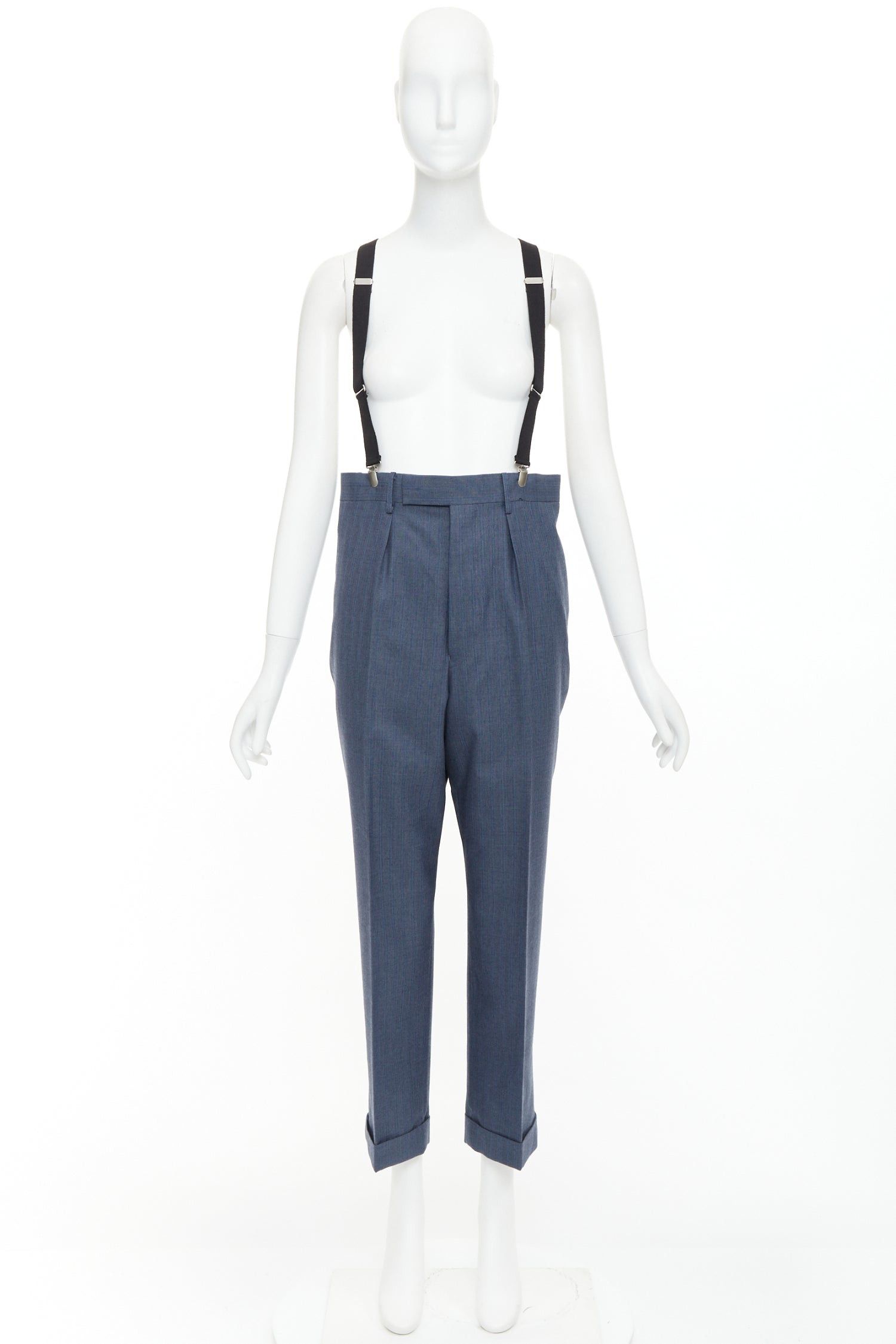 Junya Watanabe JUNYA WATANABE 2012 blue wool pinstripe black suspender high waisted harem pants M Size 28" / US 6 / IT 42 - 9 Thumbnail
