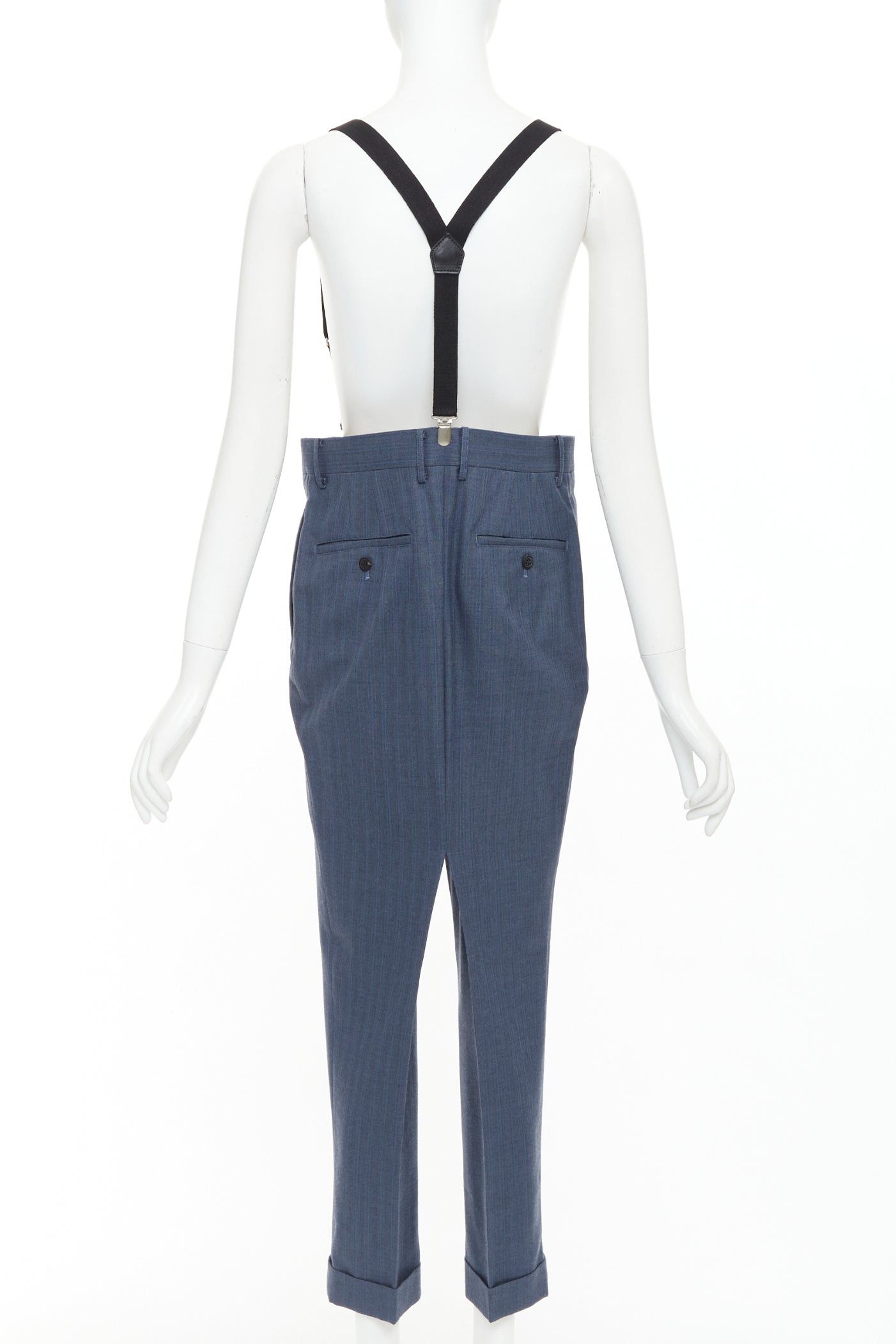 Junya Watanabe JUNYA WATANABE 2012 blue wool pinstripe black suspender high waisted harem pants M Size 28" / US 6 / IT 42 - 5 Thumbnail
