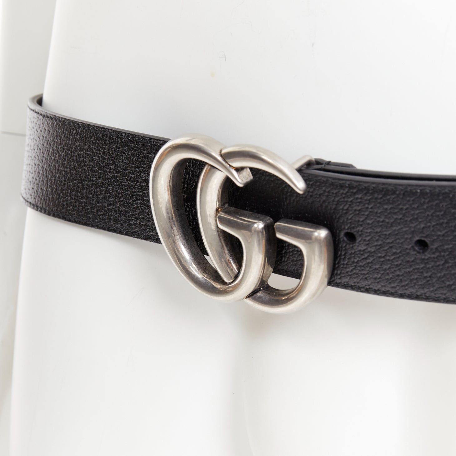 Gucci GUCCI Marmont black textured leather silver GG logo wide belt 100cm Size 38 - 2 Thumbnail