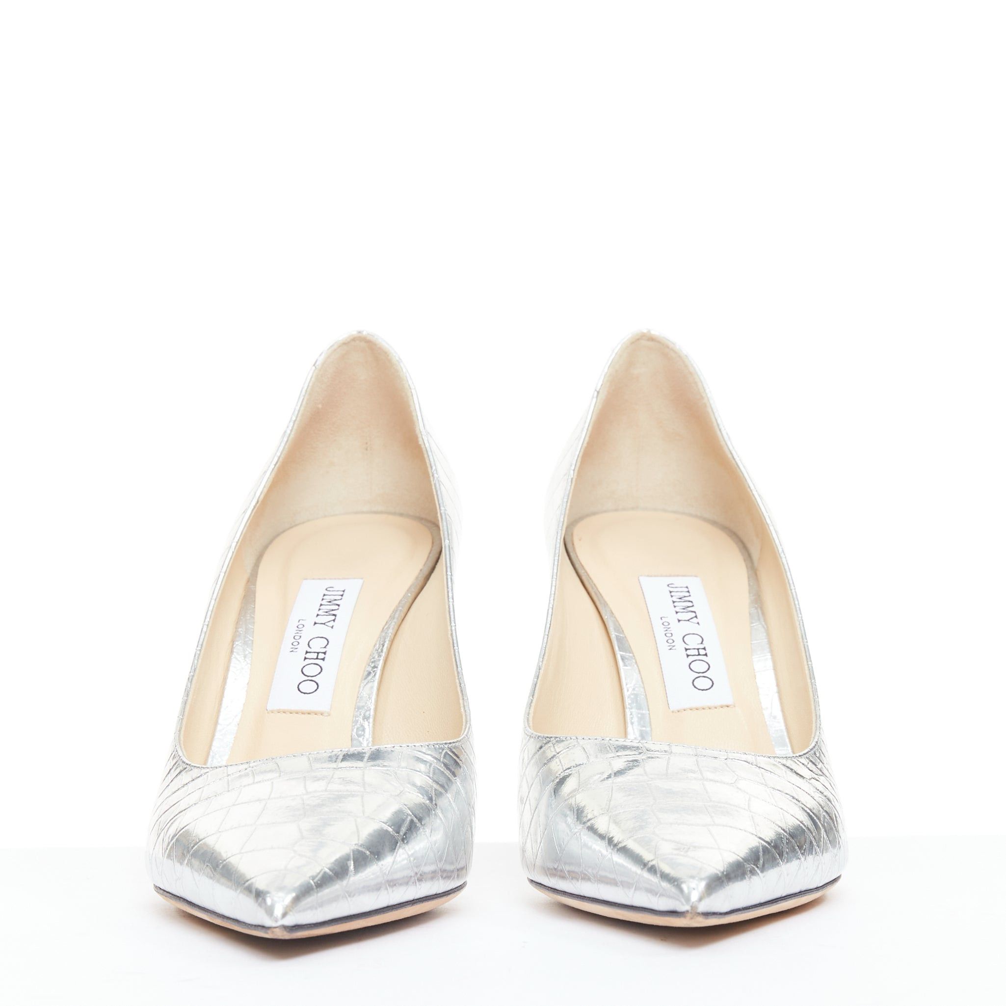 Jimmy Choo JIMMY CHOO Love mirrored silver croc embossed leather pointy pumps EU39.5 Size US 9.5 / IT 39.5 - 3 Thumbnail