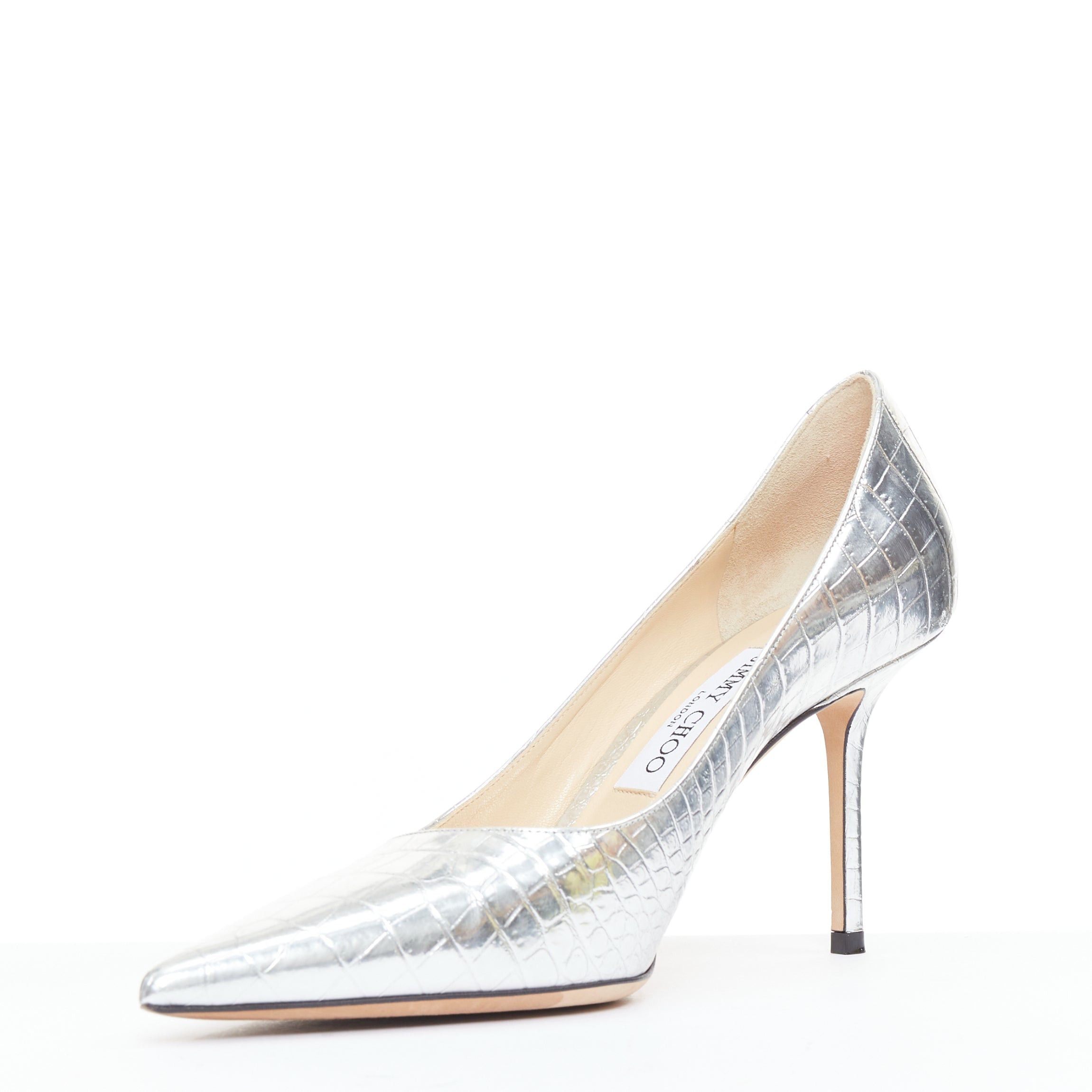 Jimmy Choo JIMMY CHOO Love mirrored silver croc embossed leather pointy pumps EU39.5 Size US 9.5 / IT 39.5 - 4 Thumbnail