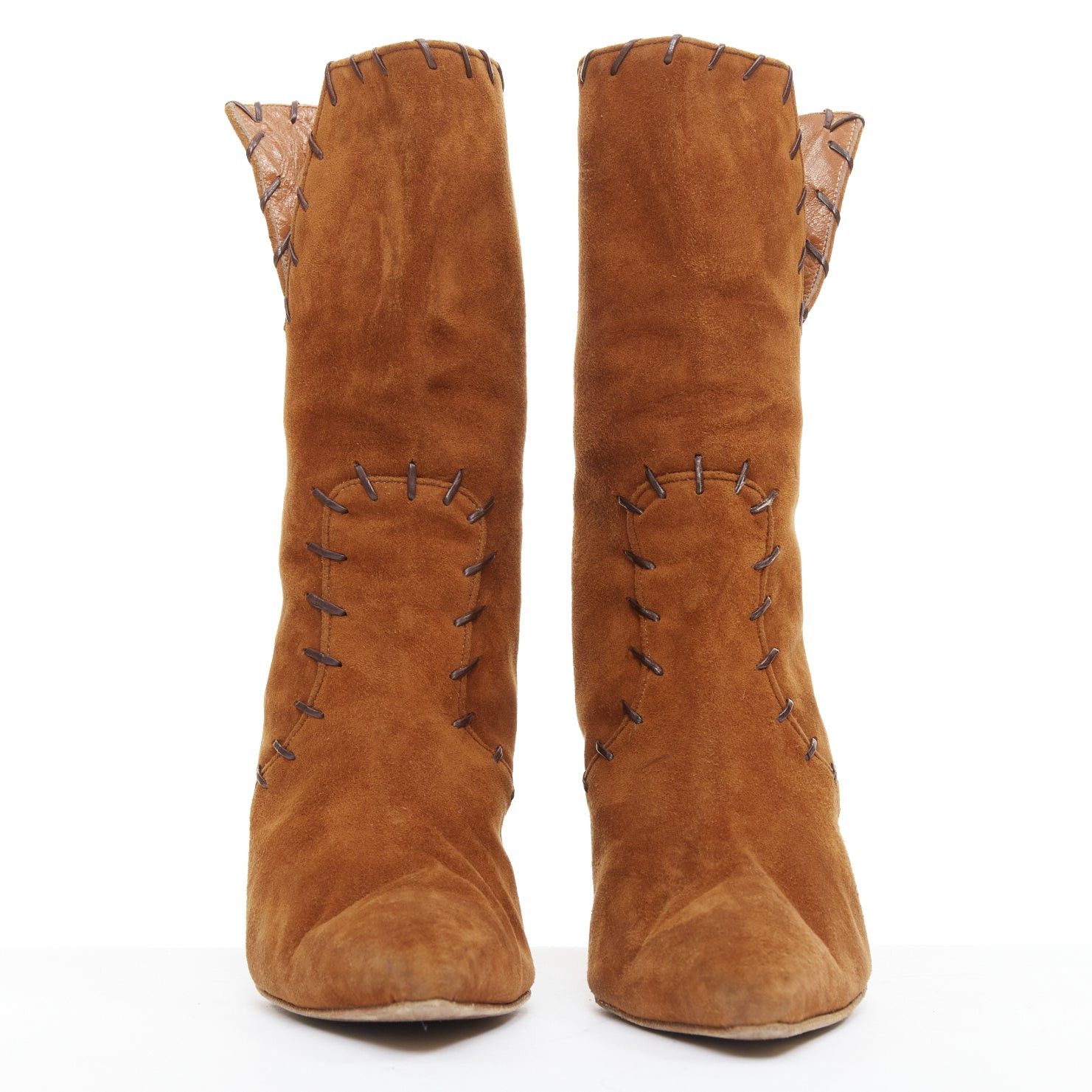 Manolo Blahnik MANOLO BLAHNIK Vintage brown suede overstitch detail heeled ankle boots EU39.5 Size US 9.5 / IT 39.5 - 3 Thumbnail