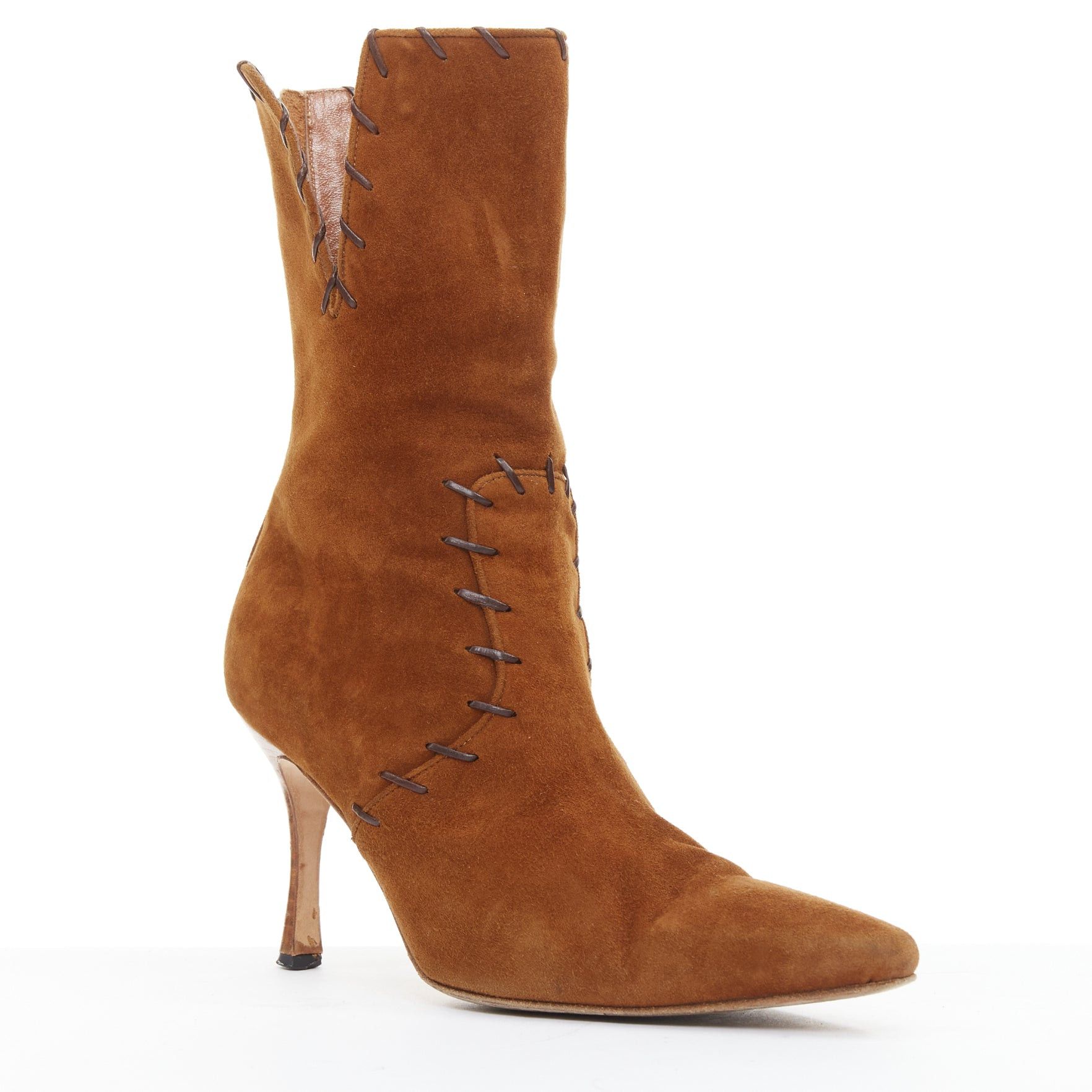 Manolo Blahnik MANOLO BLAHNIK Vintage brown suede overstitch detail heeled ankle boots EU39.5 Size US 9.5 / IT 39.5 - 2 Thumbnail