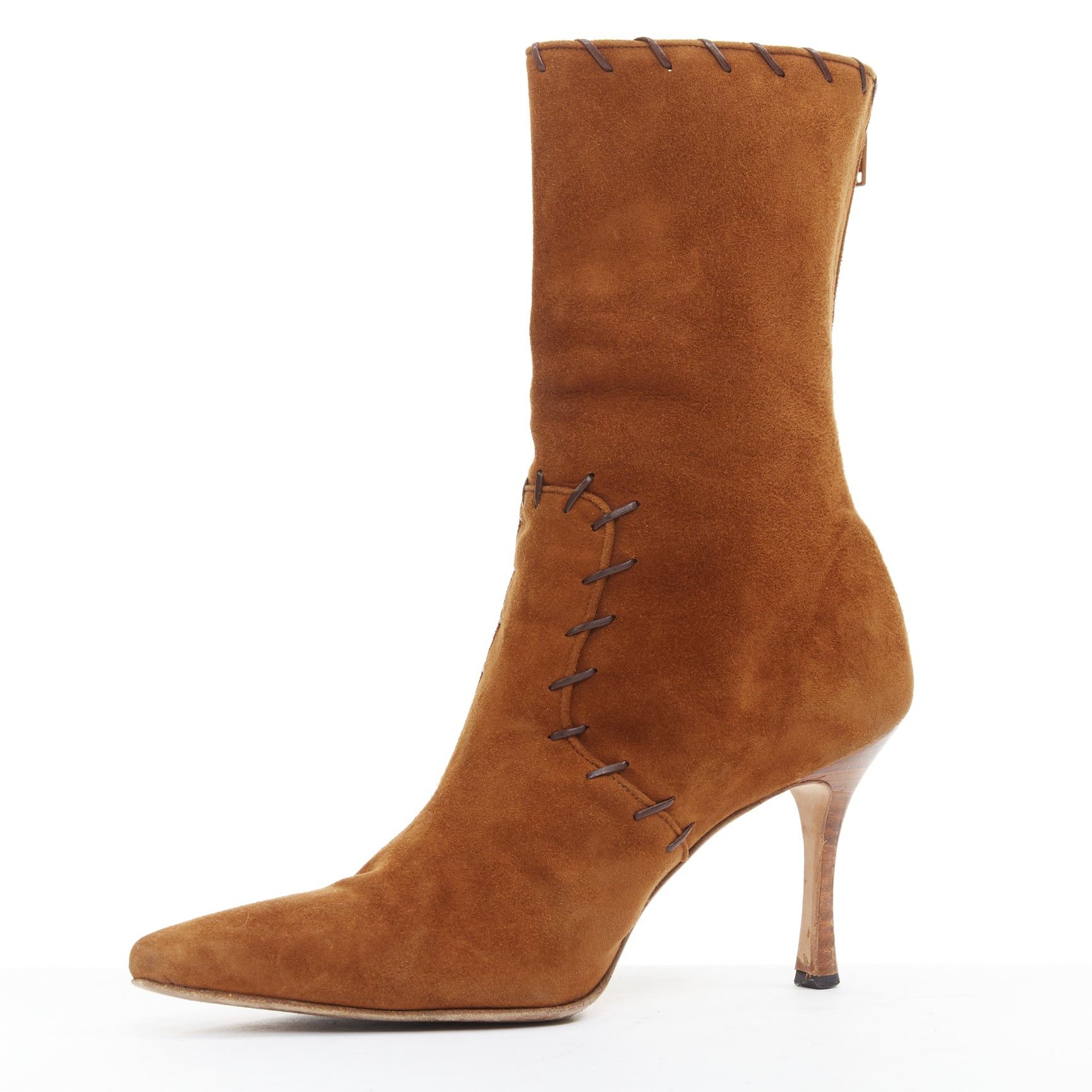 Manolo Blahnik MANOLO BLAHNIK Vintage brown suede overstitch detail heeled ankle boots EU39.5 Size US 9.5 / IT 39.5 - 4 Thumbnail