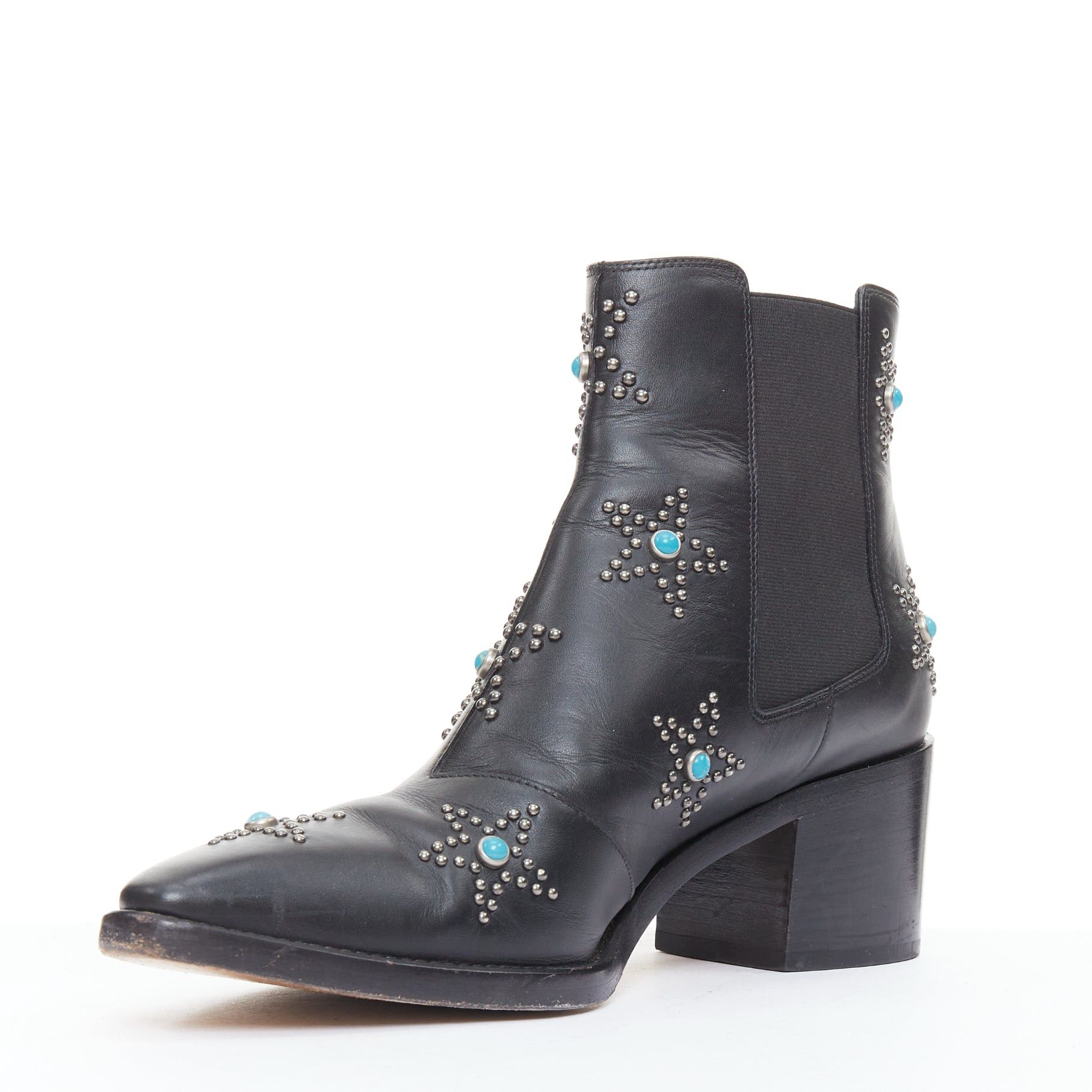 Valentino VALENTINO black leather turquoise blue stone star studded ankle boots EU40 Size US 10 / IT 40 - 4 Thumbnail