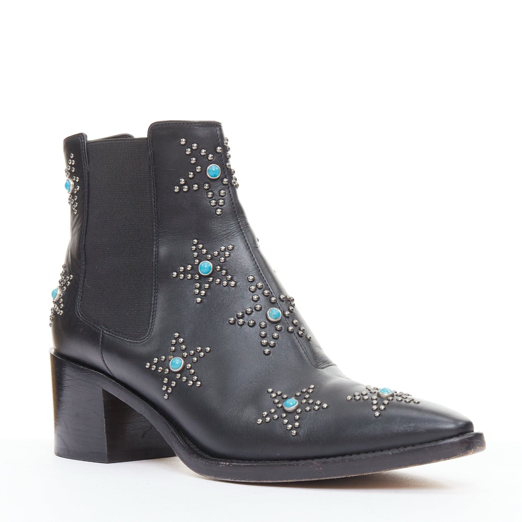 Valentino VALENTINO black leather turquoise blue stone star studded ankle boots EU40 Size US 10 / IT 40 - 2 Thumbnail