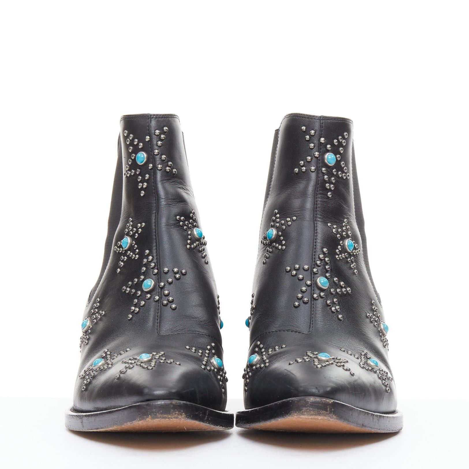Valentino VALENTINO black leather turquoise blue stone star studded ankle boots EU40 Size US 10 / IT 40 - 3 Thumbnail