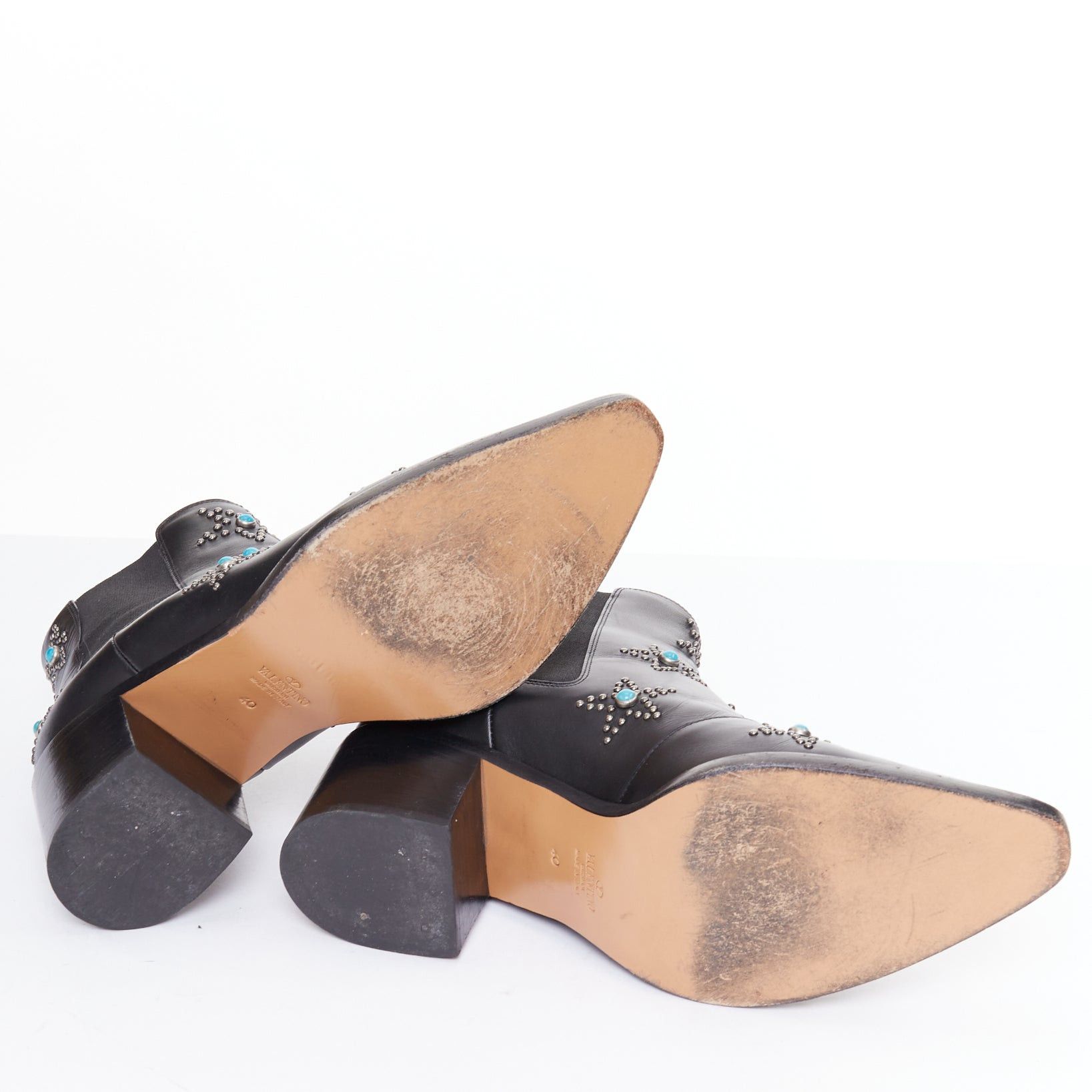 Valentino VALENTINO black leather turquoise blue stone star studded ankle boots EU40 Size US 10 / IT 40 - 11 Thumbnail