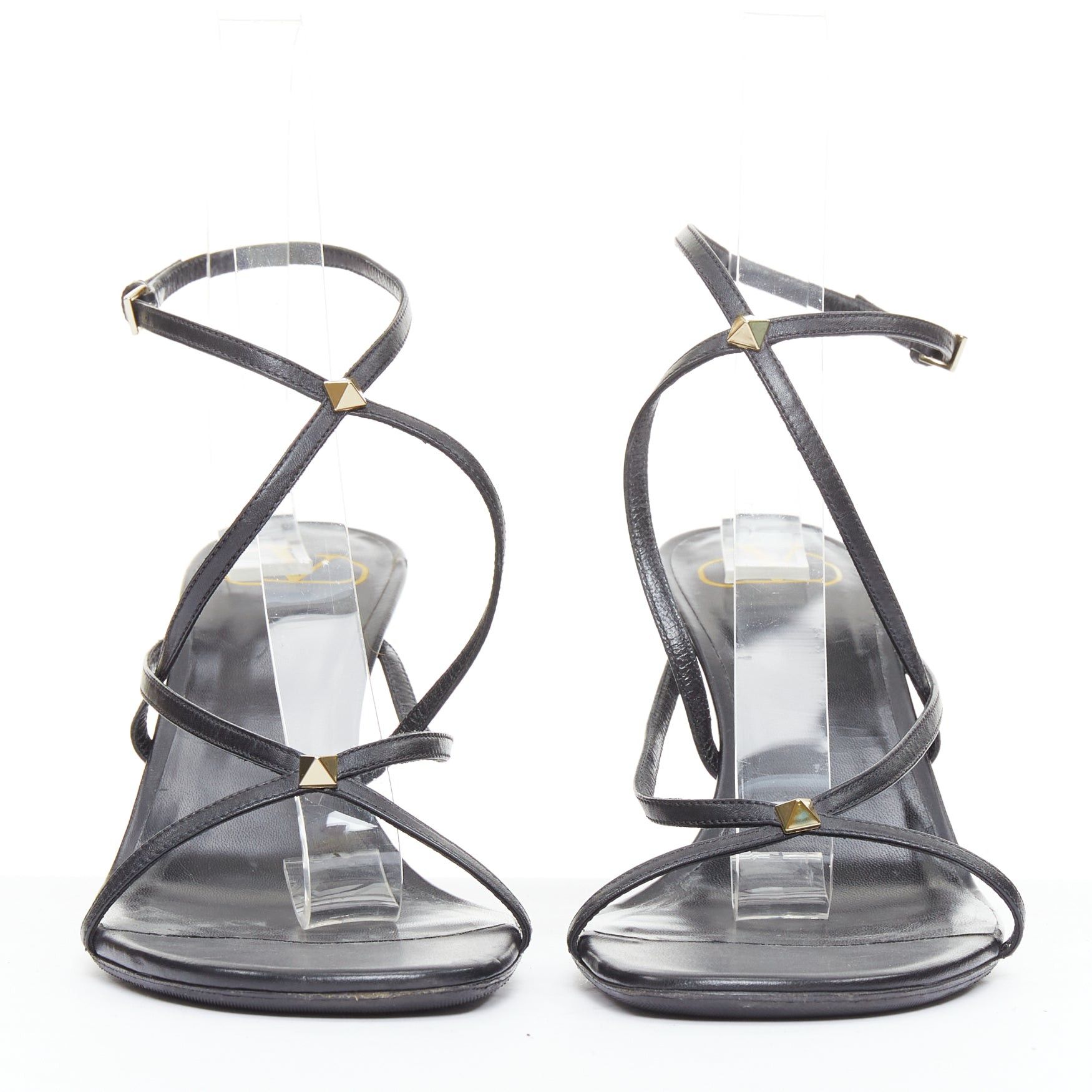 Valentino VALENTINO Rockstud black leather gold simple studs strappy sandals EU39 Size US 9 / IT 39 - 3 Thumbnail