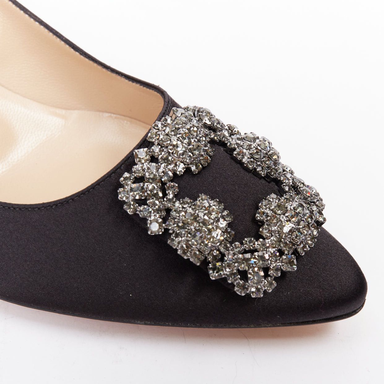 Manolo Blahnik MANOLO BLAHNIK Hangisi black satin crystal brooch buckle heeled pumps EU38 Size US 8 / IT 38 - 2 Thumbnail