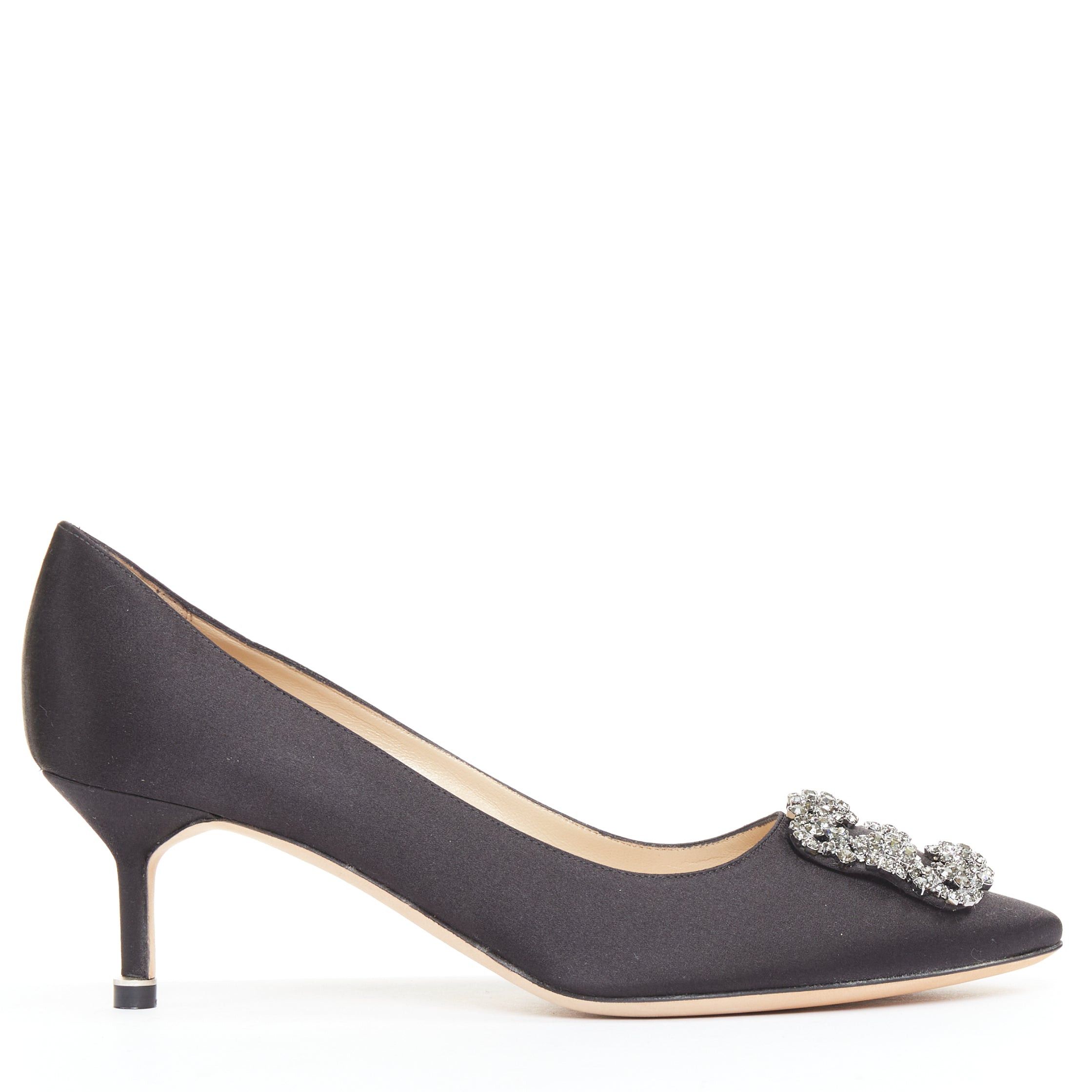 Manolo Blahnik MANOLO BLAHNIK Hangisi black satin crystal brooch buckle heeled pumps EU38 Size US 8 / IT 38 - 3 Thumbnail