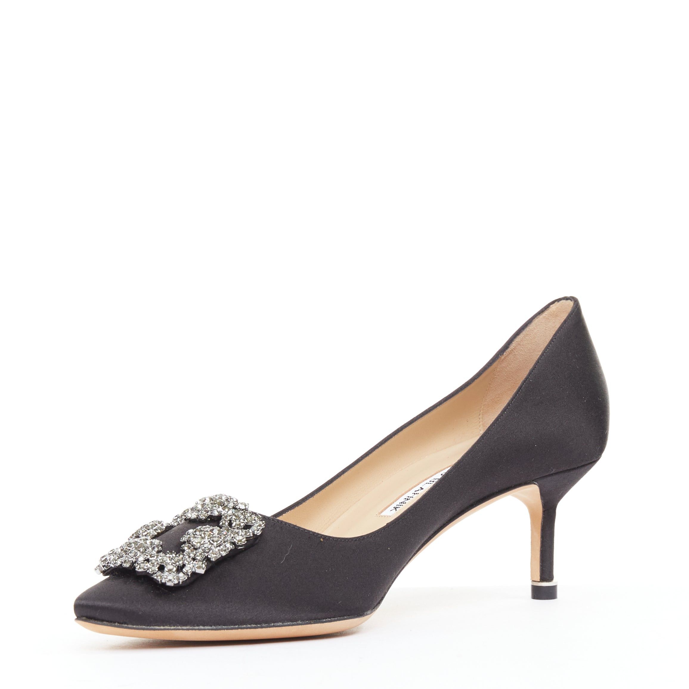 Manolo Blahnik MANOLO BLAHNIK Hangisi black satin crystal brooch buckle heeled pumps EU38 Size US 8 / IT 38 - 5 Thumbnail