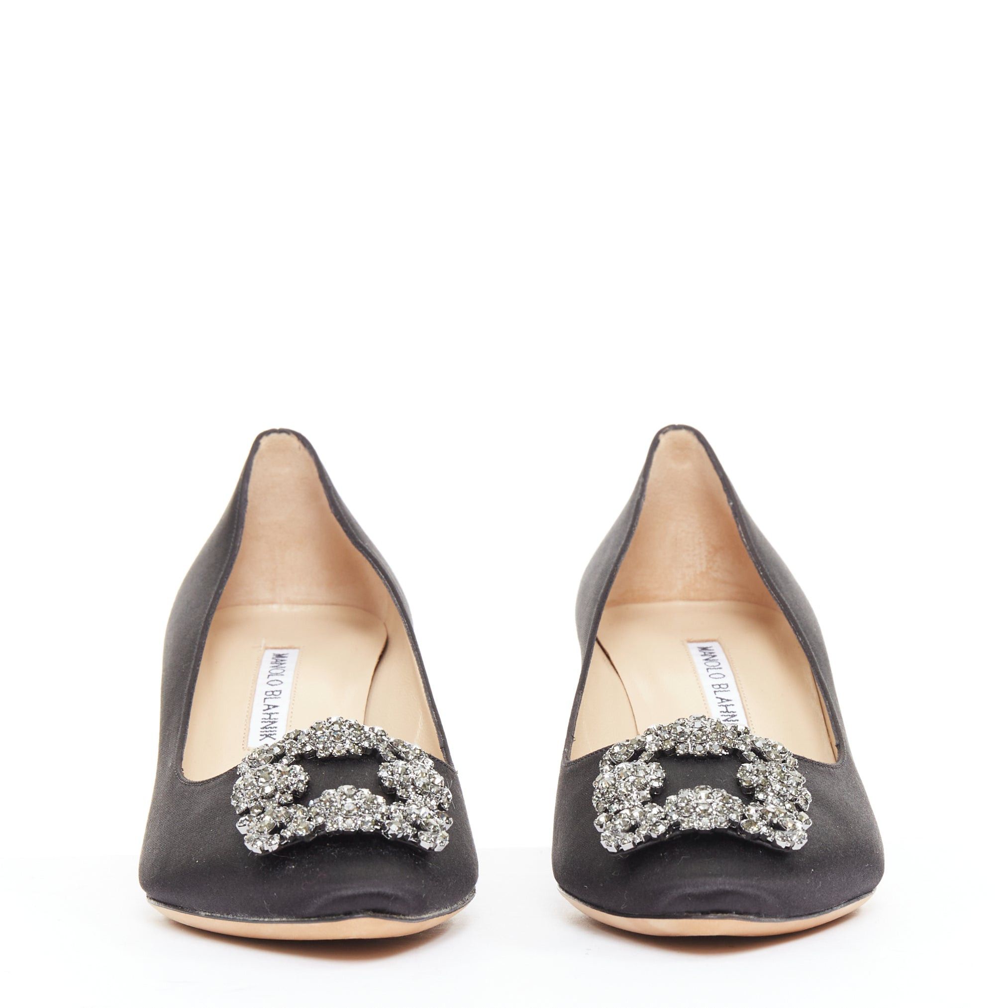 Manolo Blahnik MANOLO BLAHNIK Hangisi black satin crystal brooch buckle heeled pumps EU38 Size US 8 / IT 38 - 4 Thumbnail