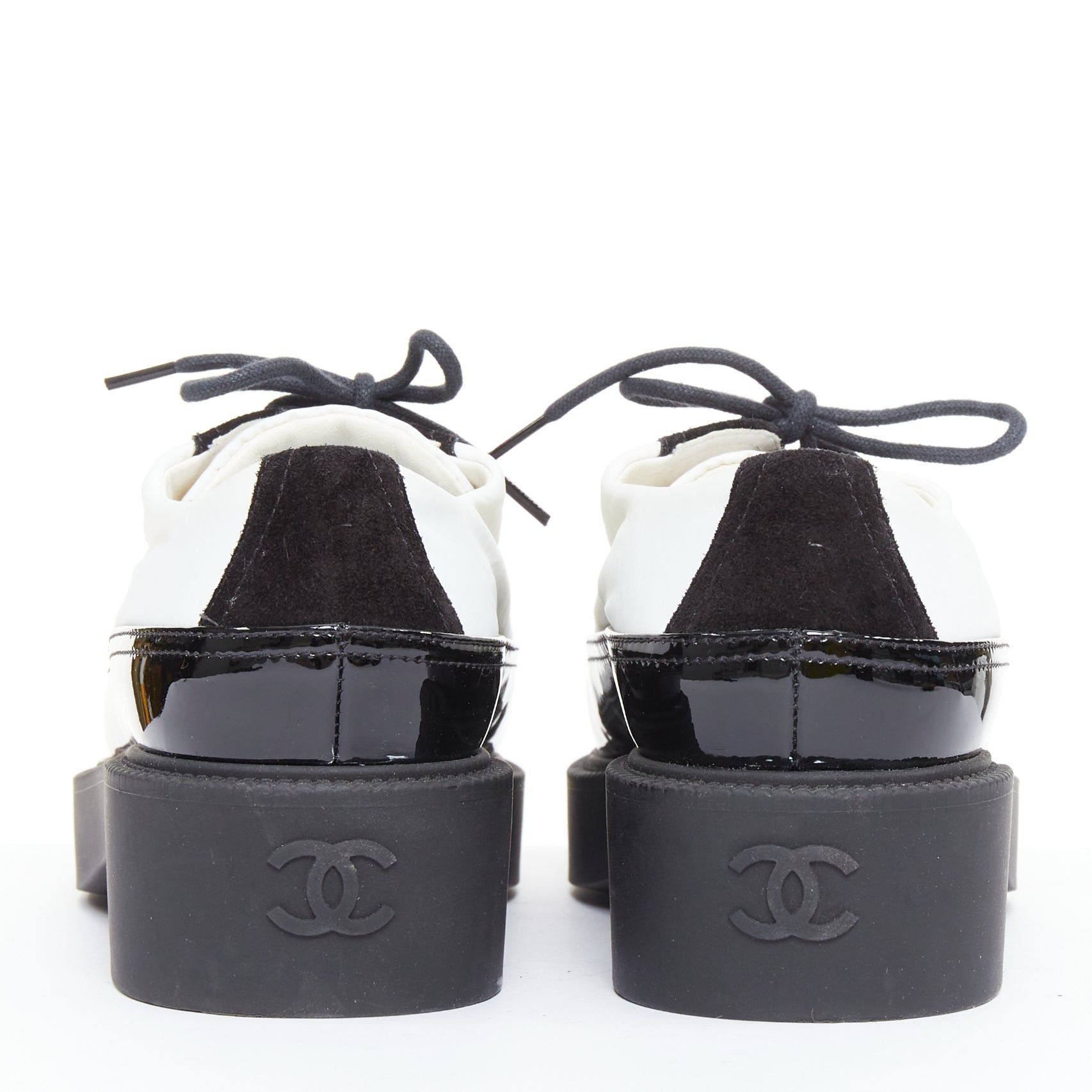 Chanel CHANEL 21B black white nylon patent leather trim CC brogue creepers EU38 Size US 8 / IT 38 - 6 Thumbnail