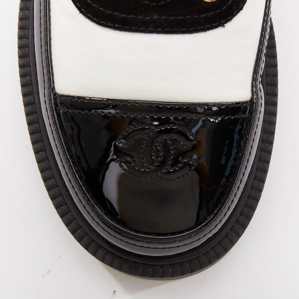 Chanel CHANEL 21B black white nylon patent leather trim CC brogue creepers EU38 Size US 8 / IT 38 - 7 Thumbnail